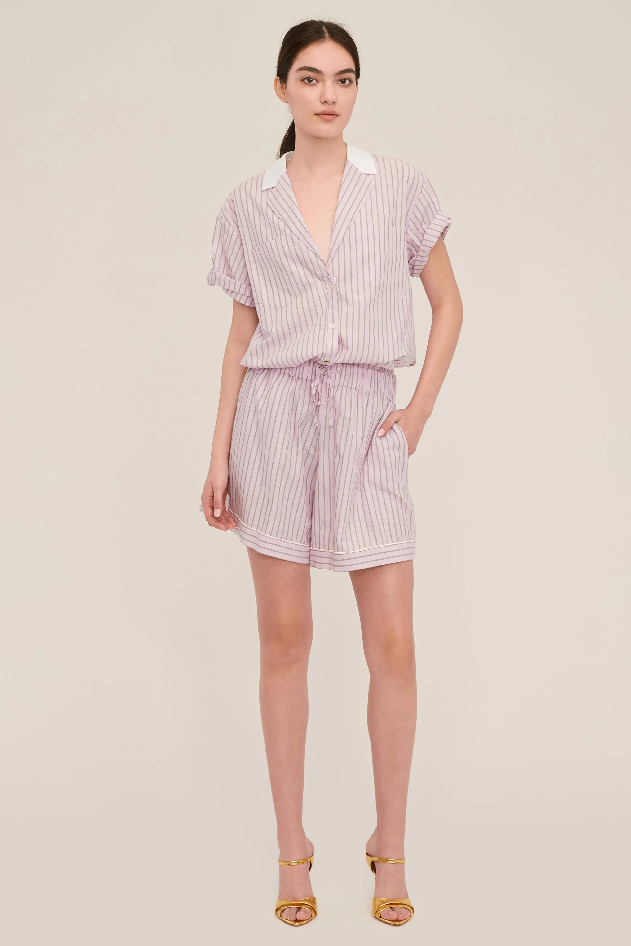 Margo Notch Collar Camp Shirt in Carnation Edie Stripe White Combo sold by Marissa Webb product image thumbnail 5