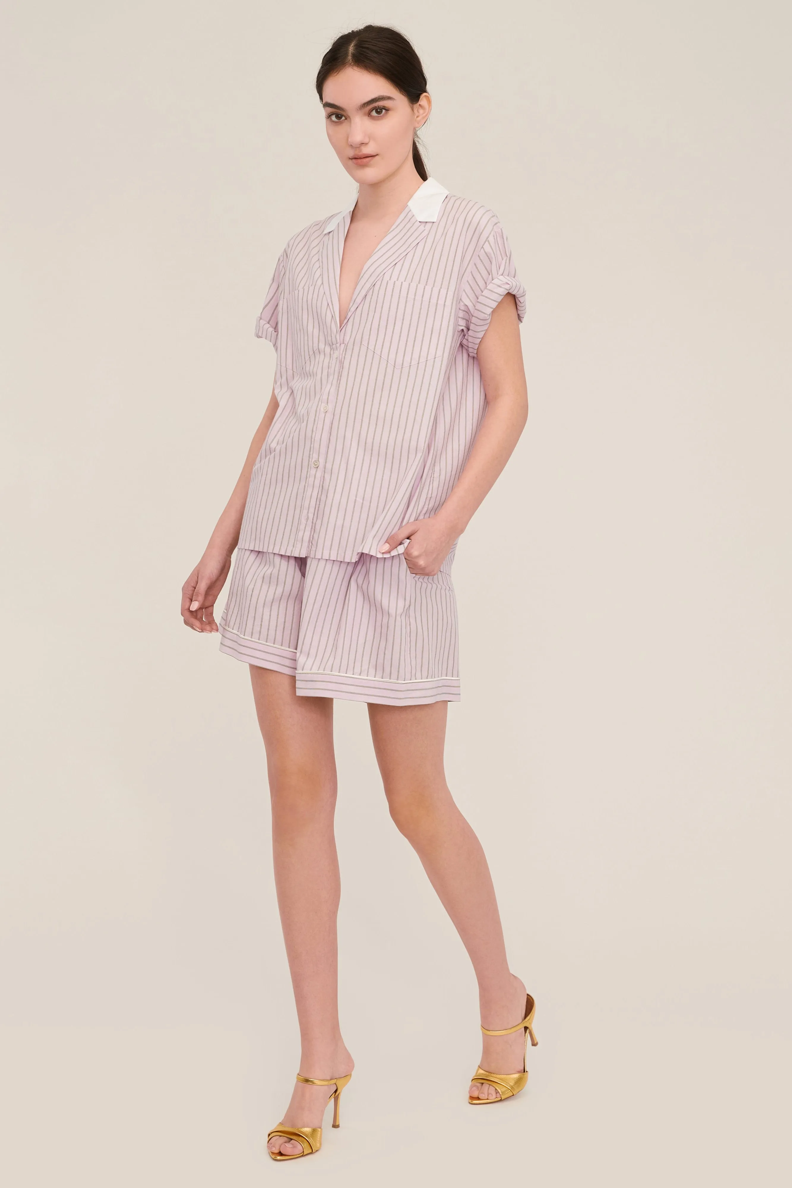 Margo Notch Collar Camp Shirt in Carnation Edie Stripe White Combo sold by Marissa Webb product image thumbnail 4