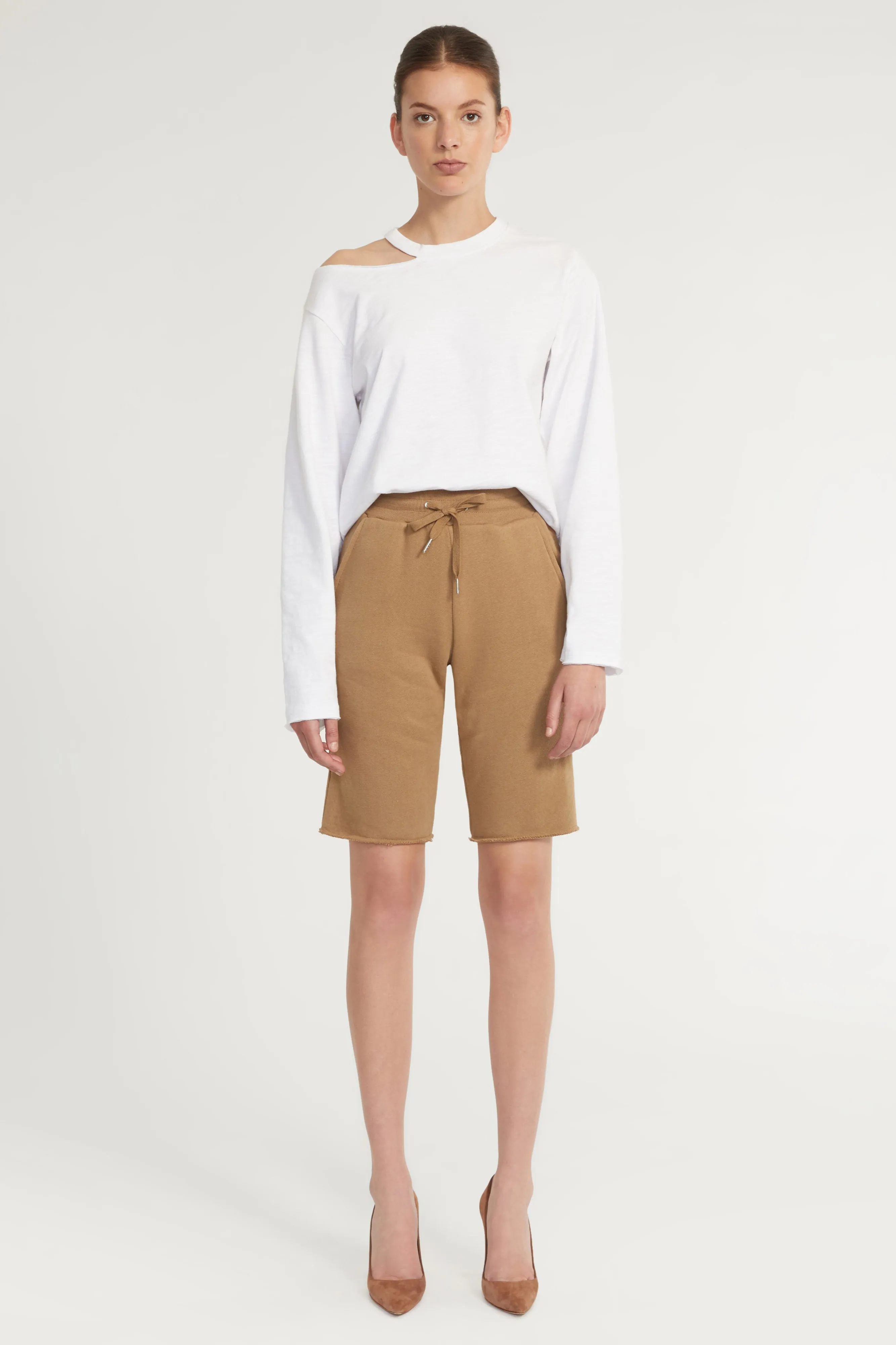 Romy Raw Edge French Terry Bermuda Short in Light Mocha sold by Marissa Webb