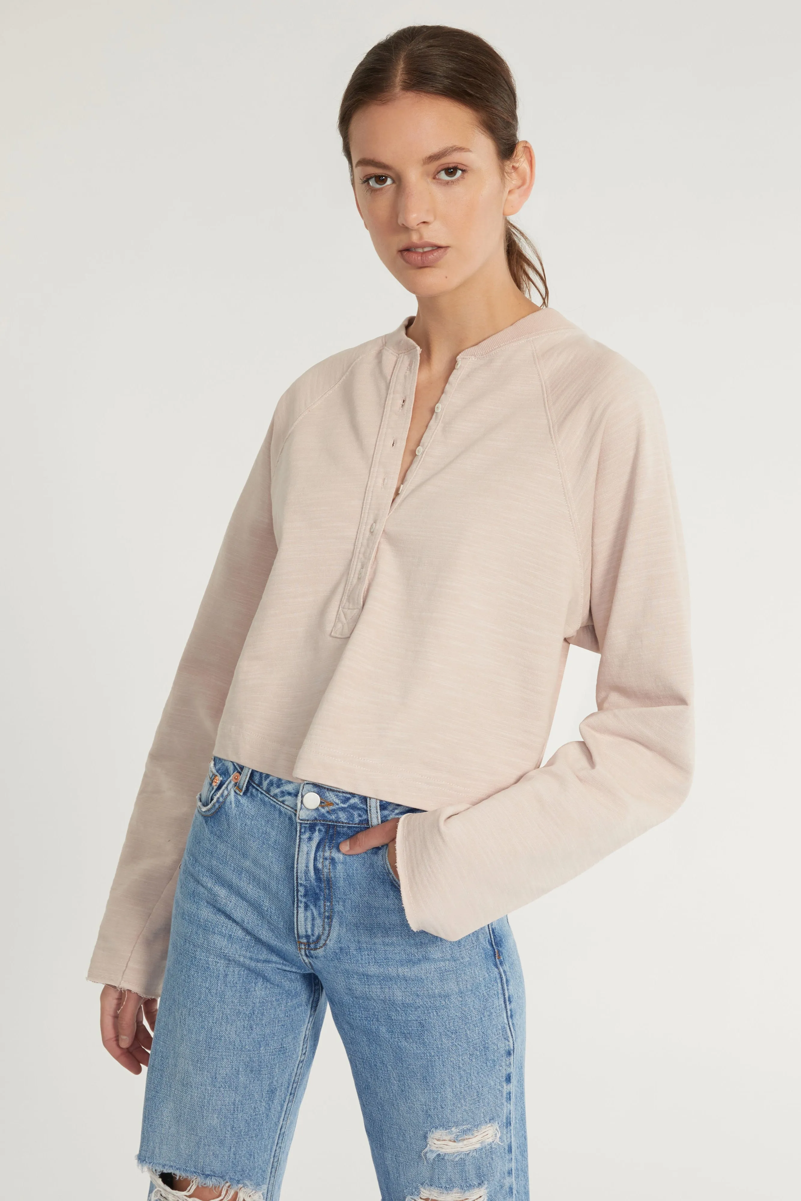 So Uptight Lightweight Slub Cotton Plunge Henley in Quartz sold by Marissa Webb product image thumbnail 2