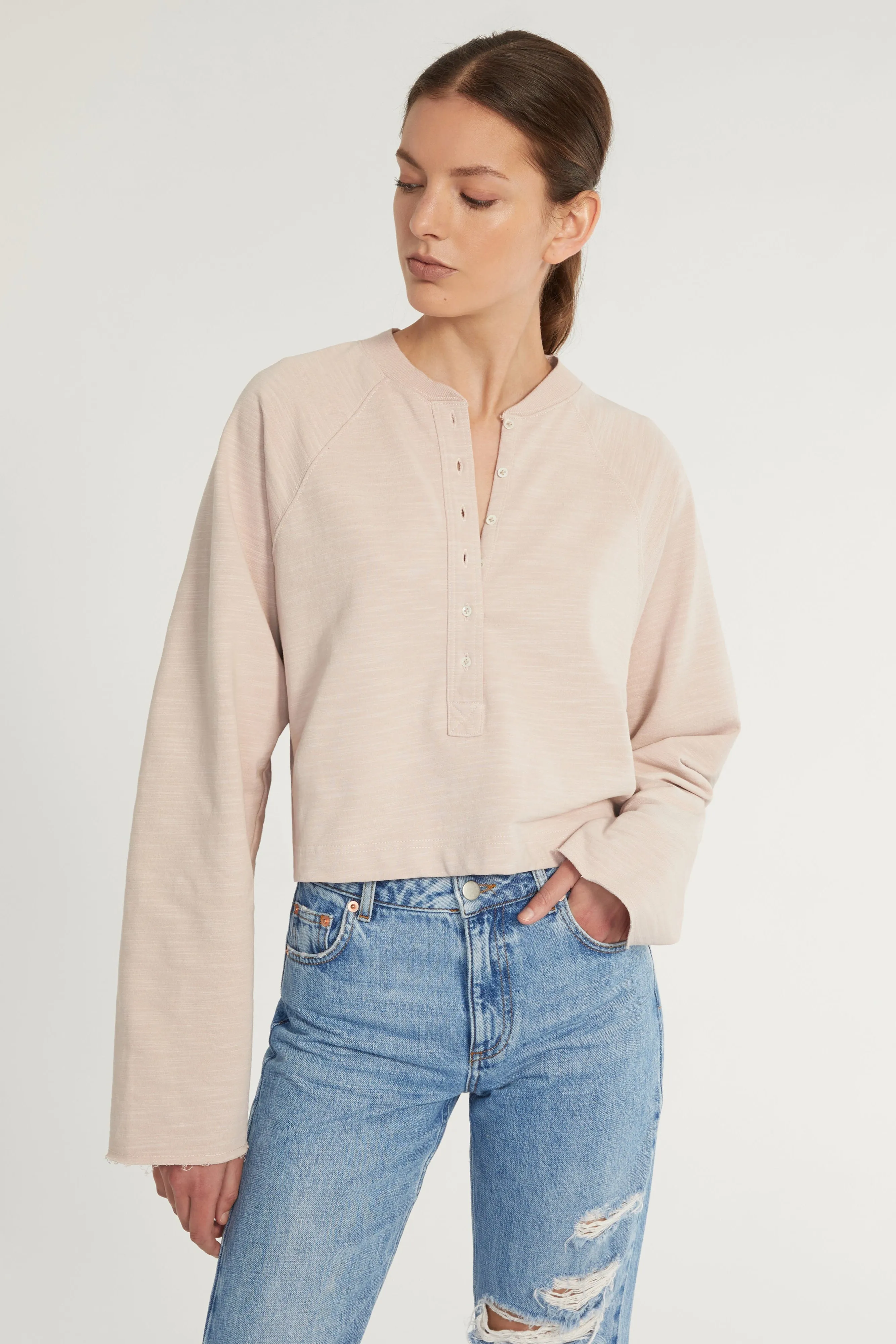 So Uptight Lightweight Slub Cotton Plunge Henley in Quartz sold by Marissa Webb product image thumbnail 3