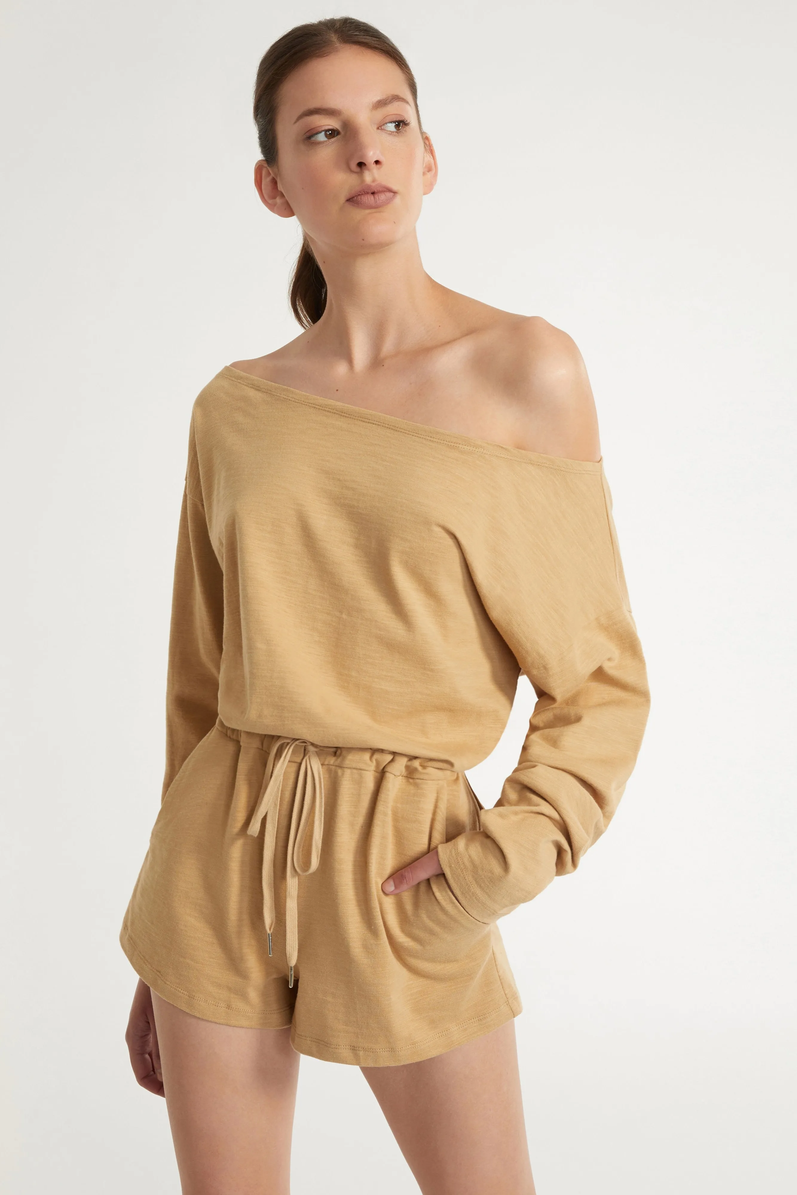 Marlo Drop Shoulder Knit Romper in Sedona sold by Marissa Webb