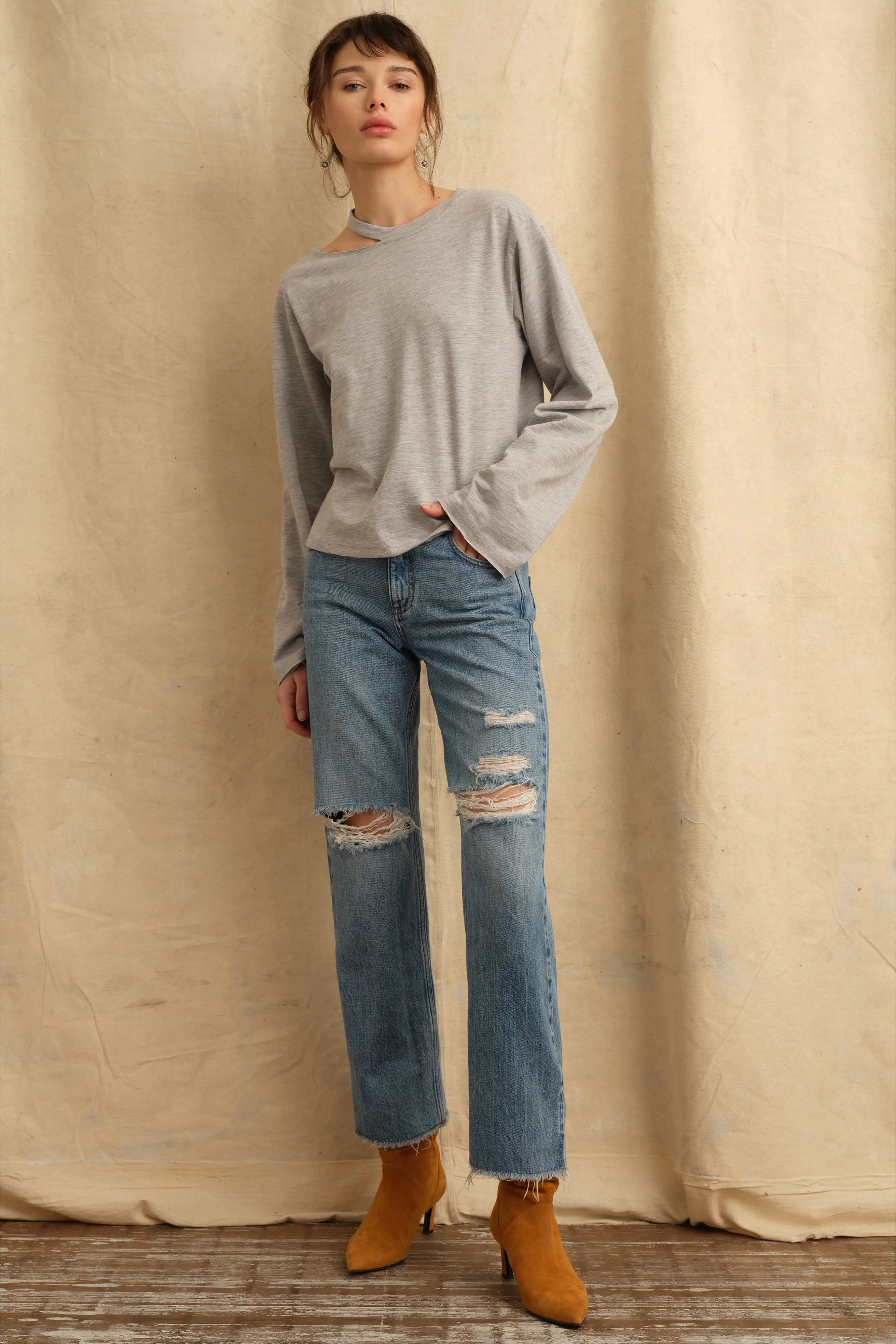Tate Cut Out Long Sleeve in Light Heather Grey sold by Marissa Webb