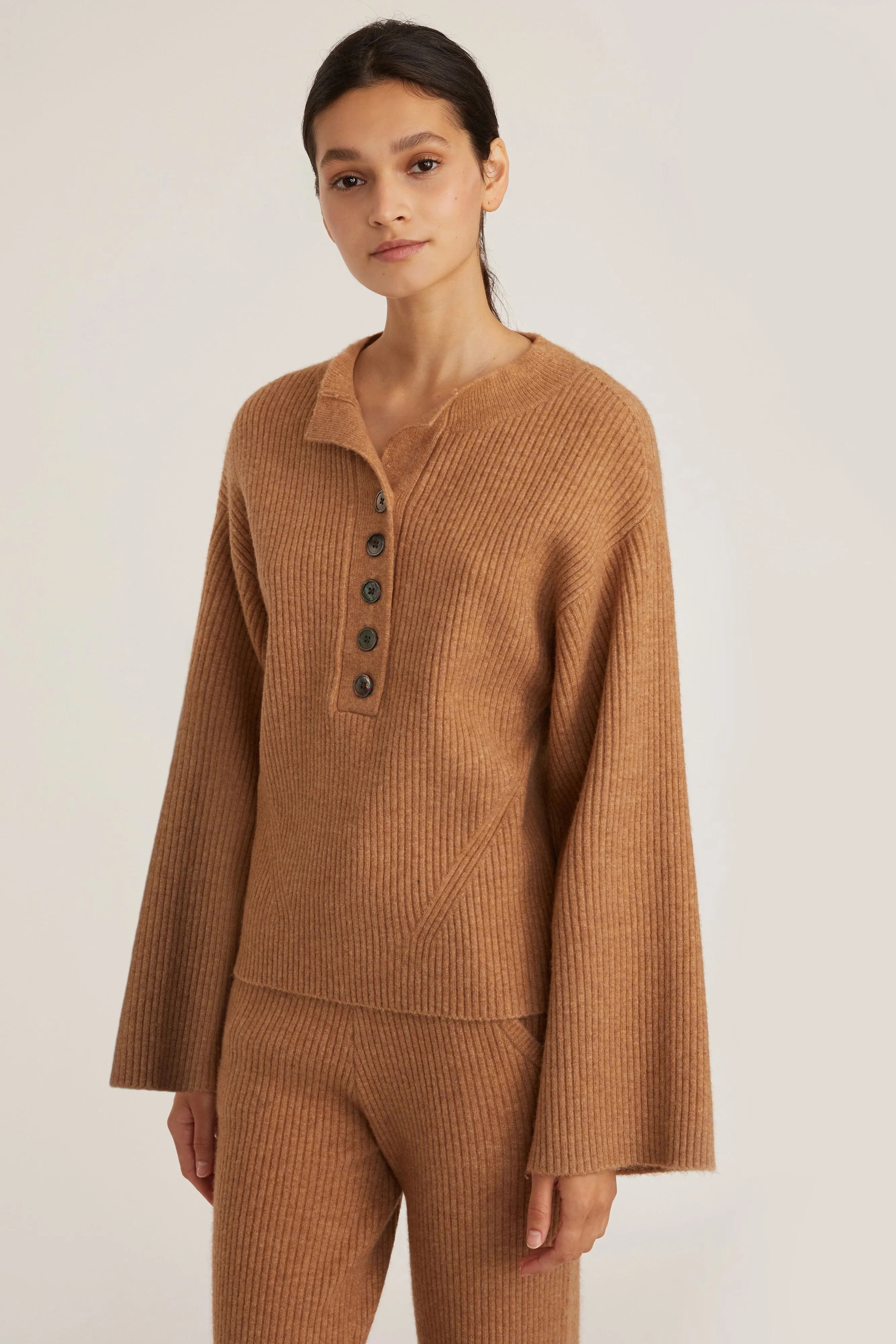 Arie Ribbed Cashmere Blend Henley Sweater in Camel sold by Marissa Webb product image thumbnail 2