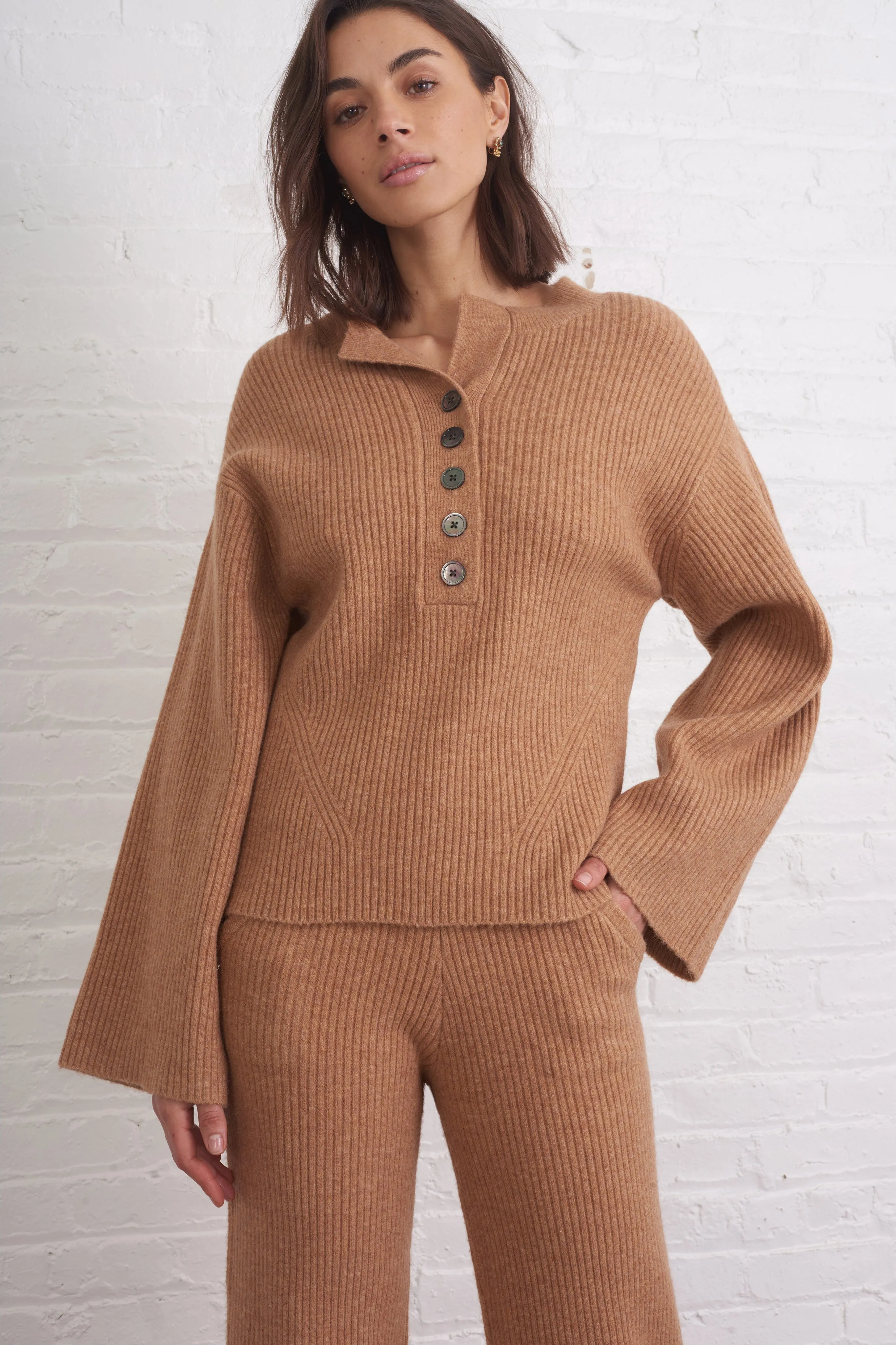 Arie Ribbed Cashmere Blend Henley Sweater in Camel sold by Marissa Webb
