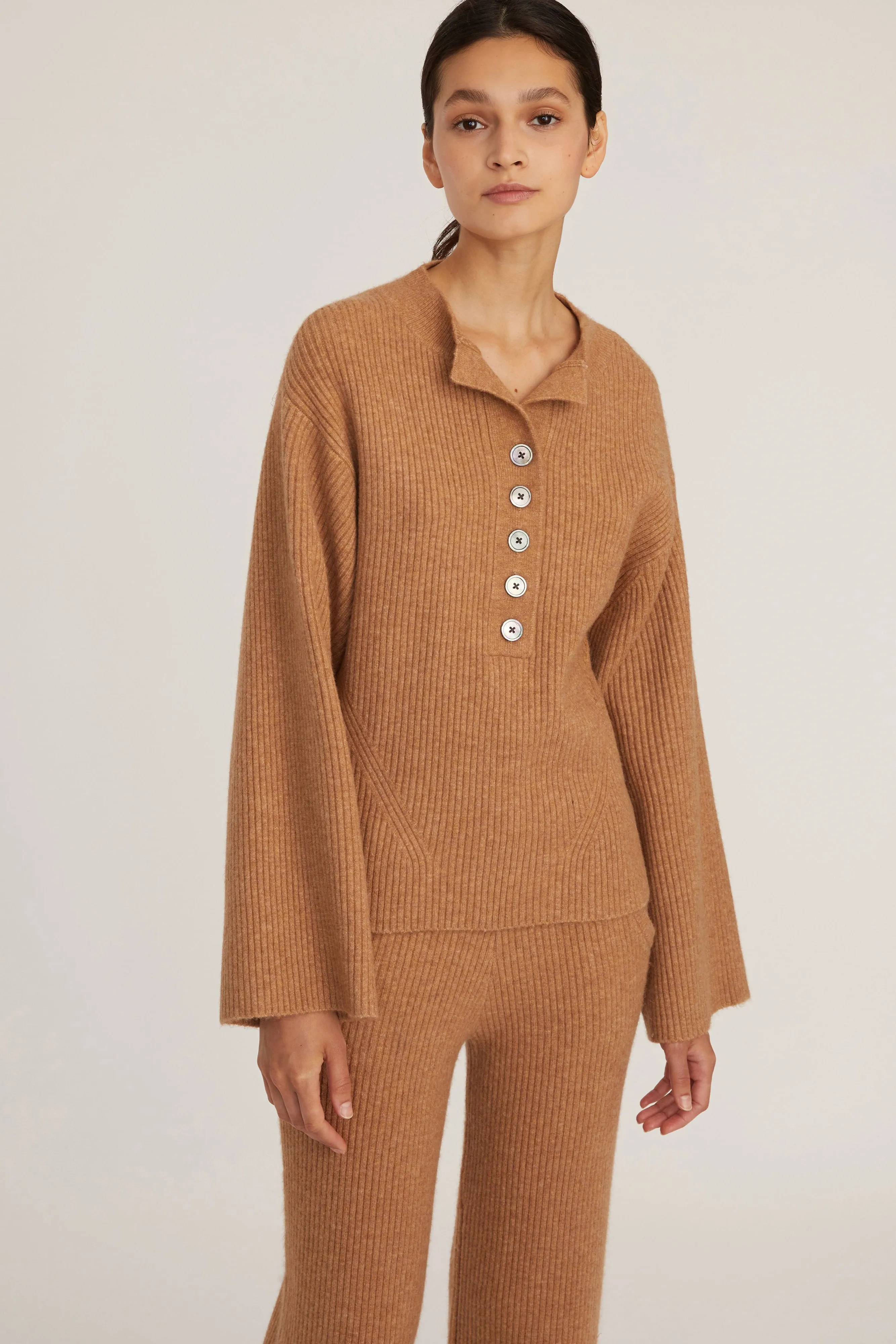 Arie Ribbed Cashmere Blend Henley Sweater in Camel sold by Marissa Webb product image thumbnail 4