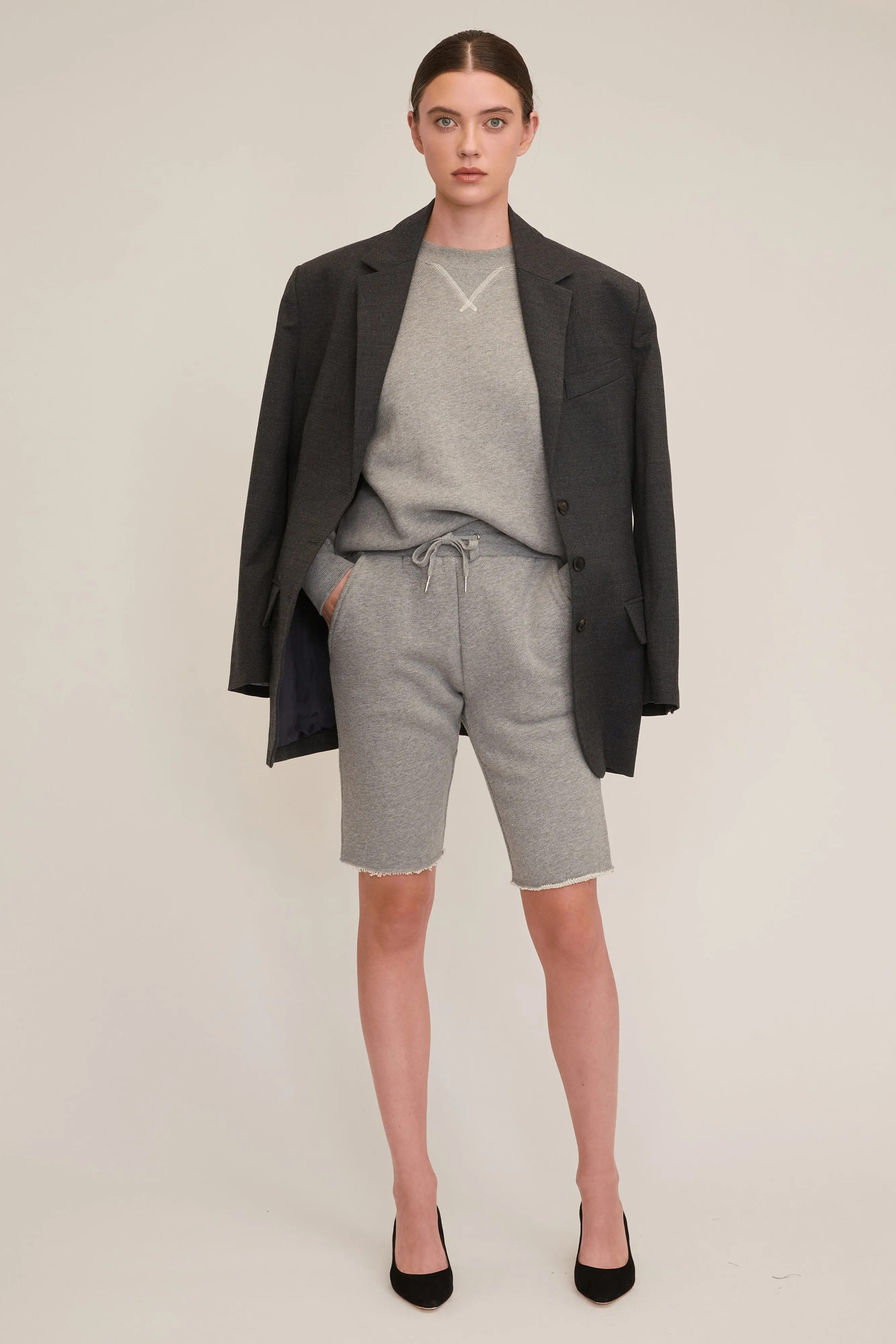 Romy Raw Edge French Terry Bermuda Short in Heather Grey sold by Marissa Webb