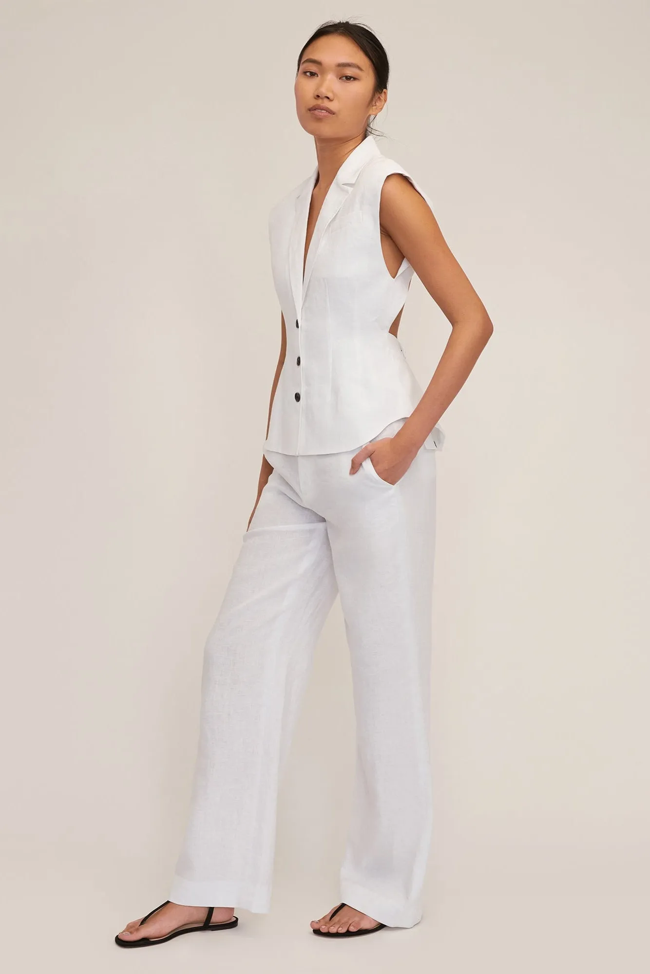 Theo Linen Double Waist Trouser in White sold by Marissa Webb product image thumbnail 3