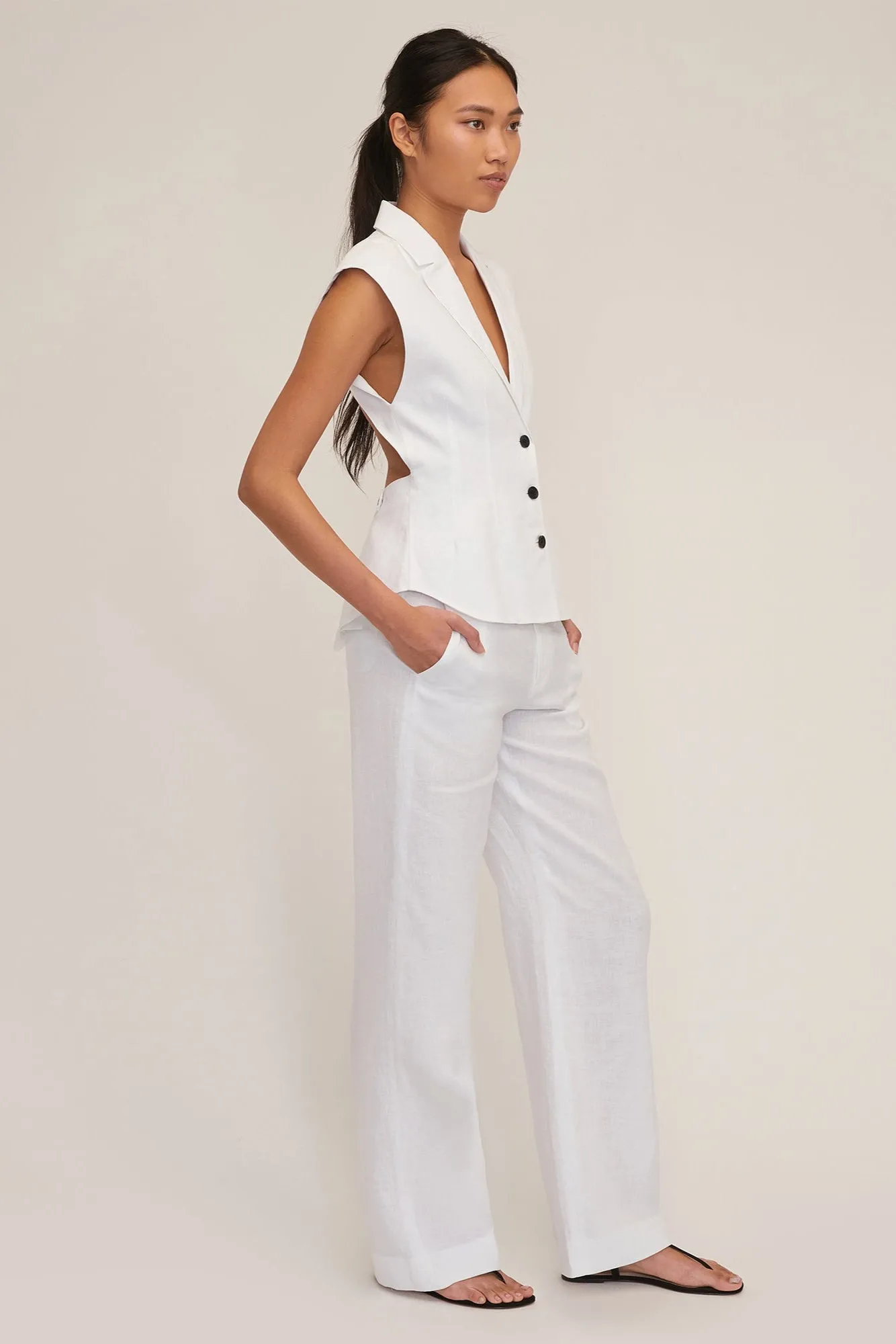Theo Linen Double Waist Trouser in White sold by Marissa Webb
