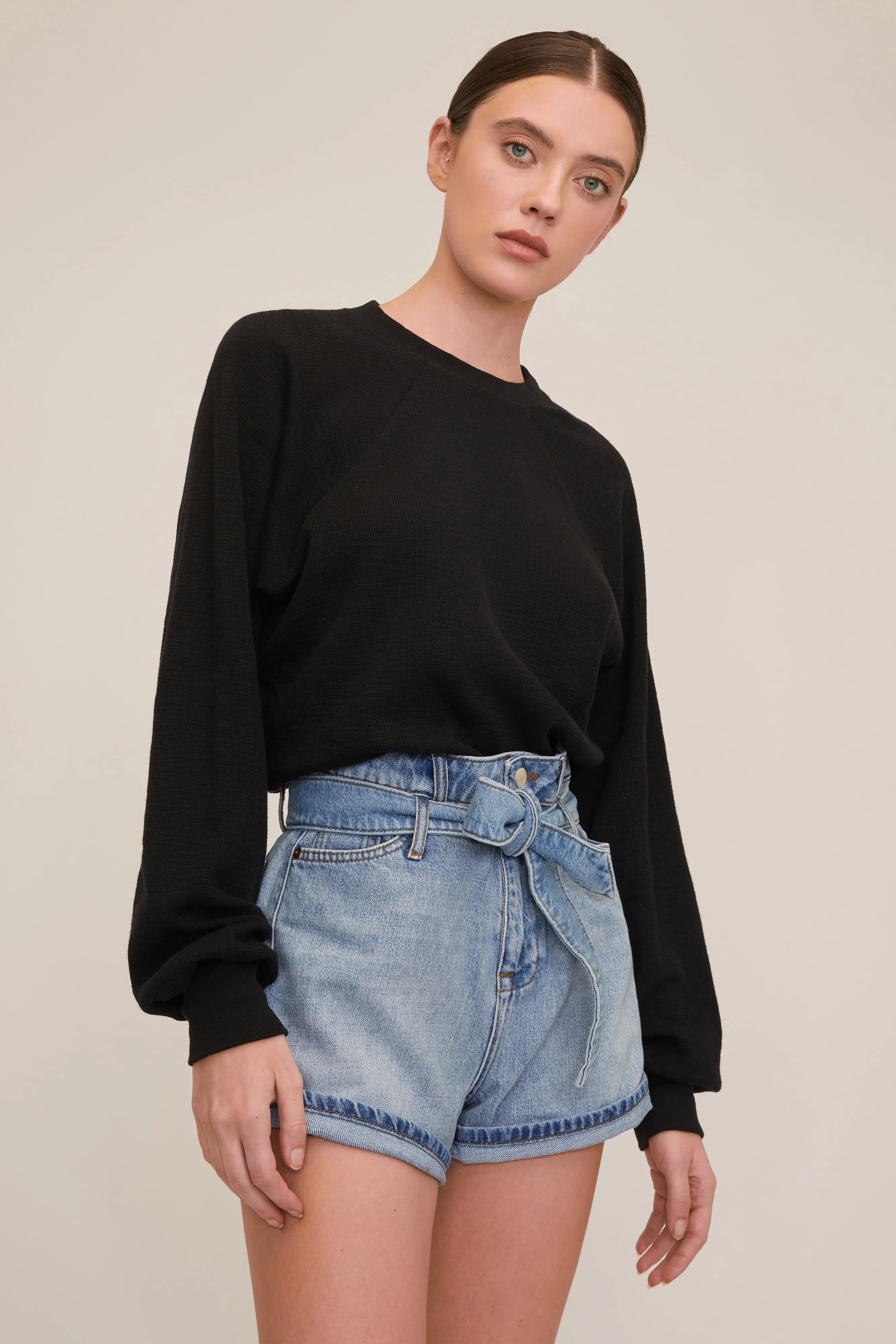 Banks Paper Bag Denim Boyfriend Short in Light Vintage Stone Wash sold by Marissa Webb