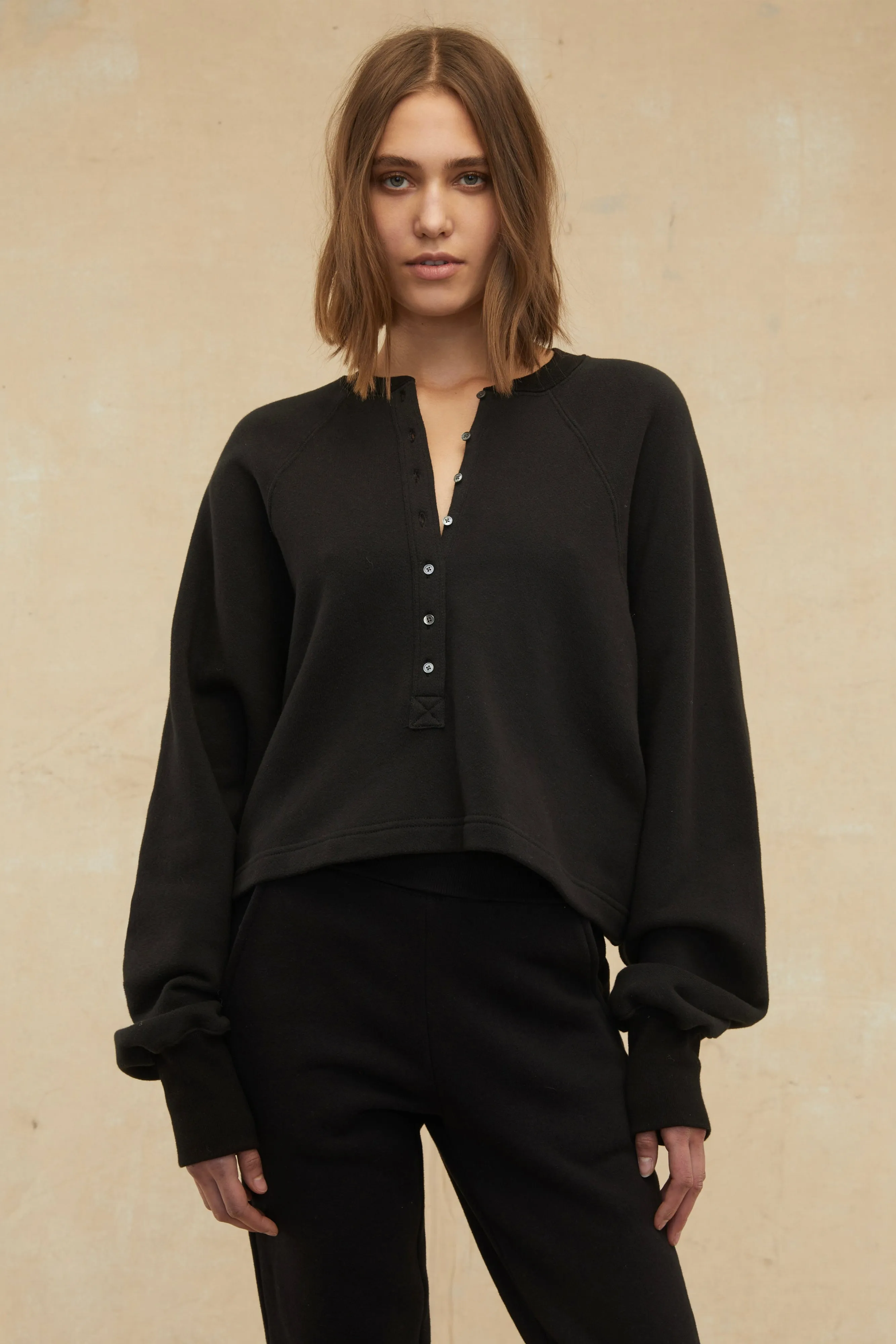 So Uptight French Terry Plunge Henley Sweatshirt in Black sold by Marissa Webb product image thumbnail 4