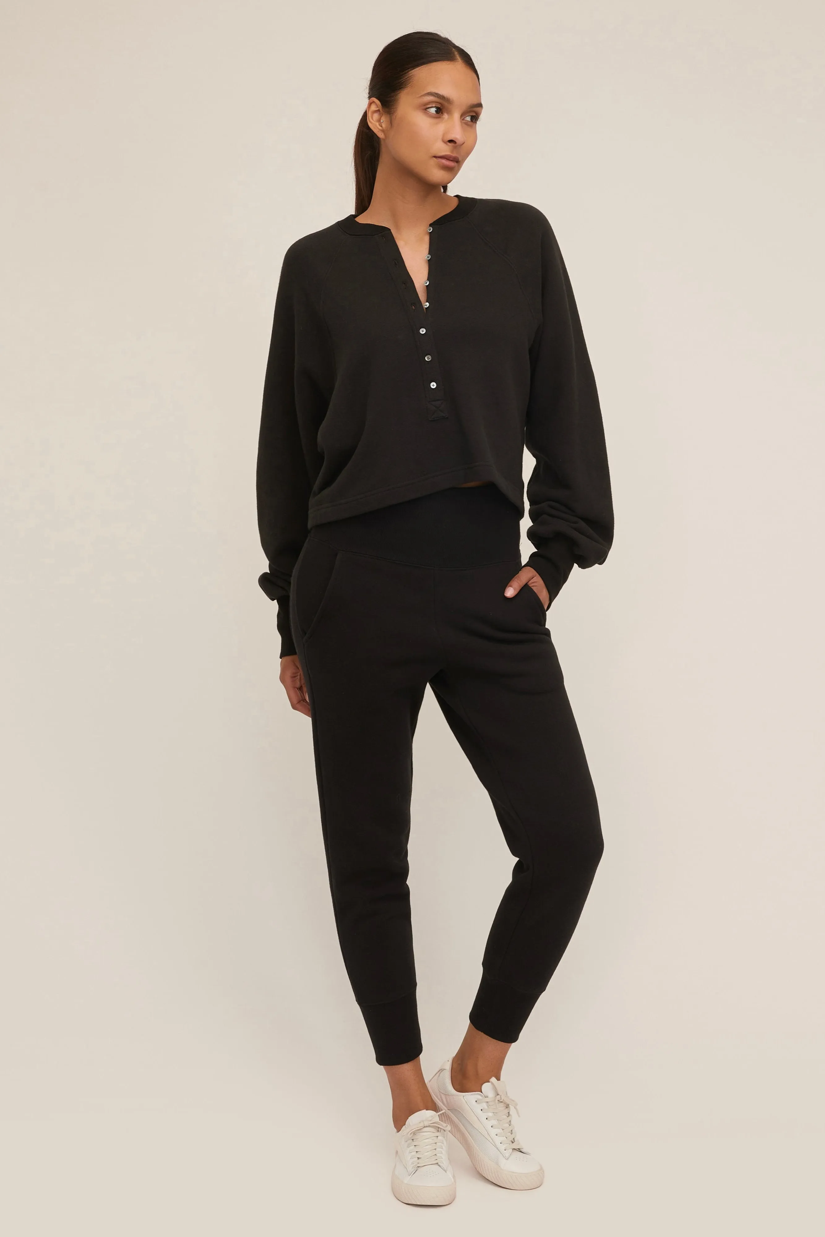 So Uptight French Terry Plunge Henley Sweatshirt in Black sold by Marissa Webb product image thumbnail 3