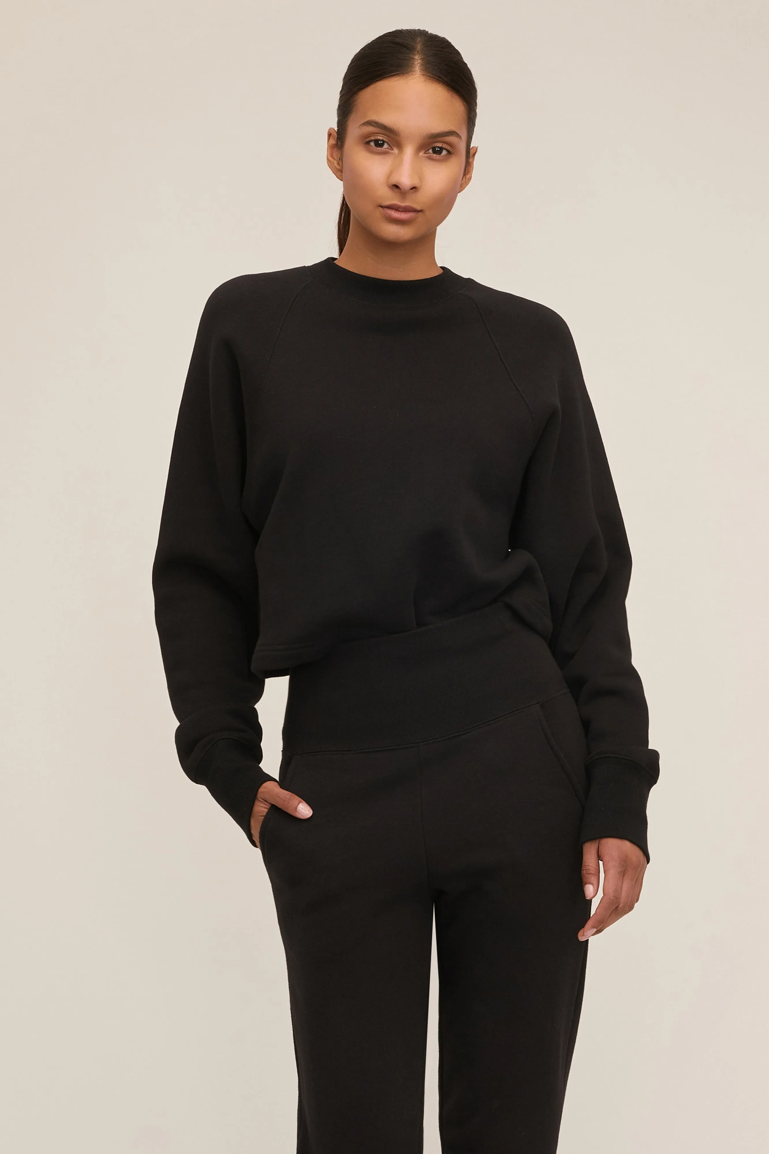 So Uptight Cropped Raglan French Terry Sweatshirt in Black sold by Marissa Webb