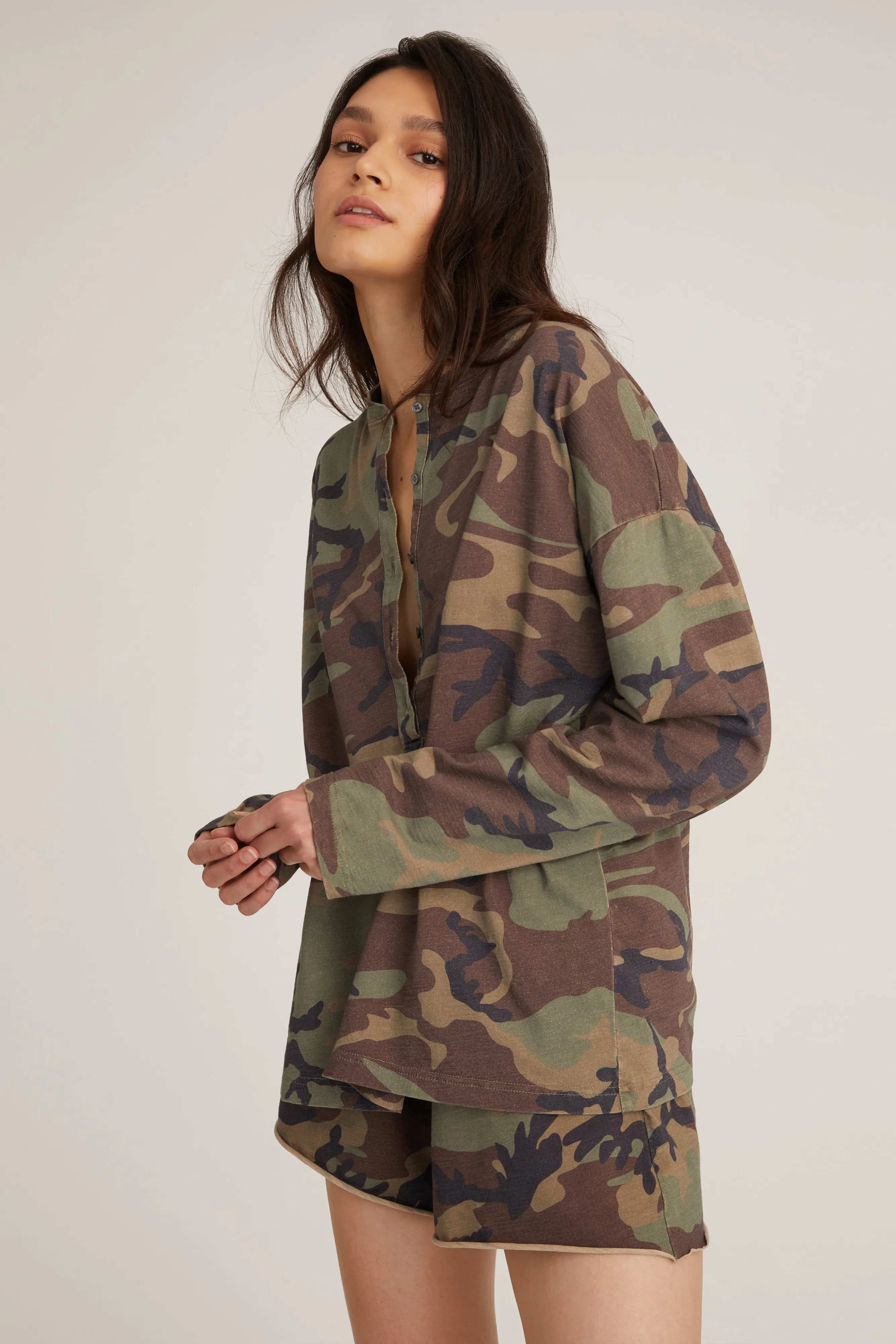 So Relaxed Boyfriend Slub Jersey Long Sleeve Camo Henley sold by Marissa Webb