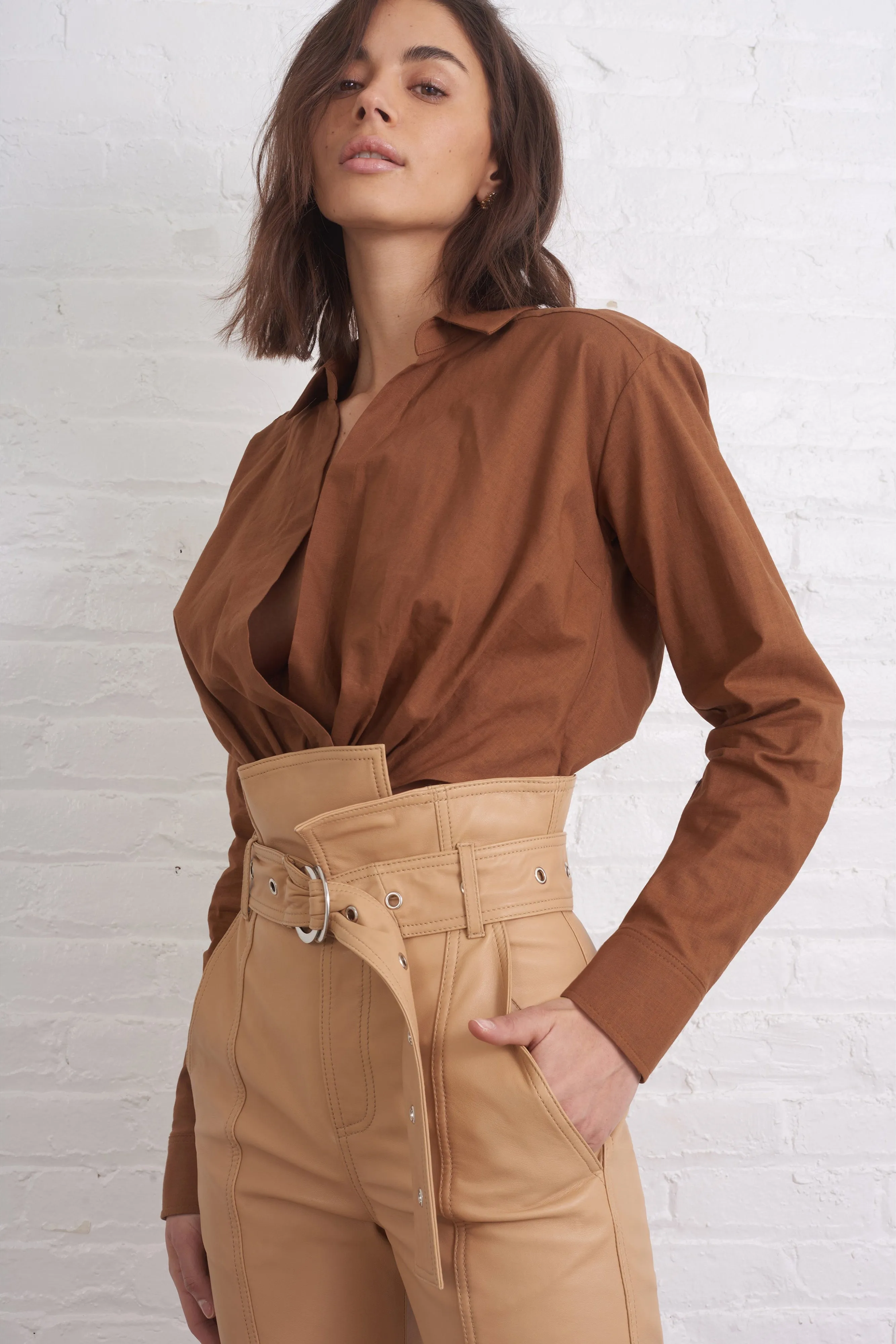 Maxwell Linen Shirt in Bourbon sold by Marissa Webb