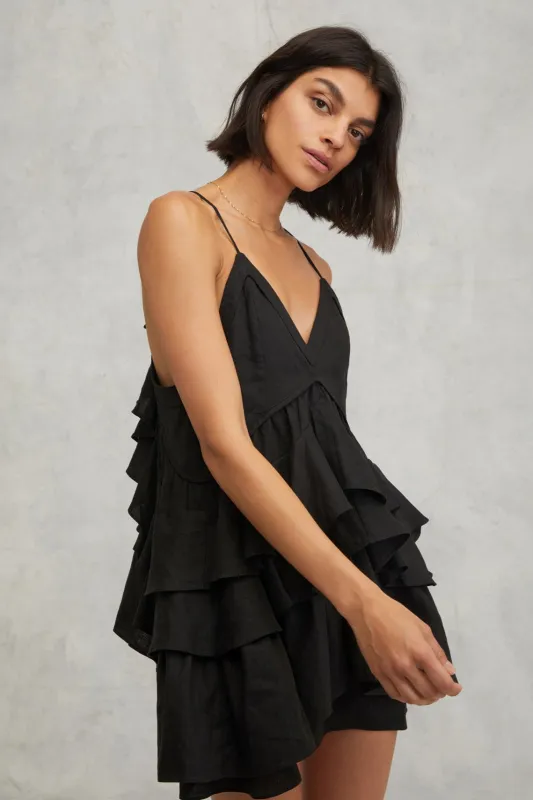 Lucia Tiered Mini Dress in Linen Black made by Marissa Webb