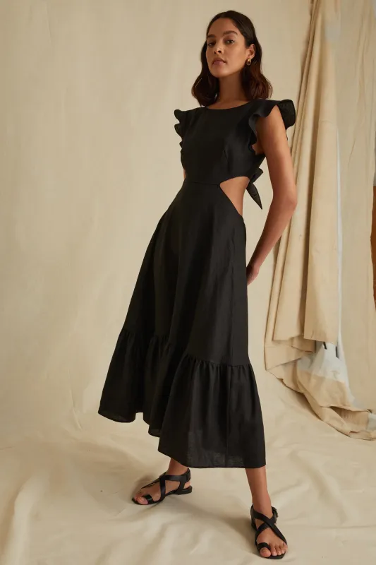 Kingsley Linen Cut Out Midi Dress in Linen Black made by Marissa Webb