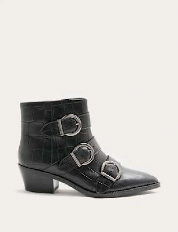 Leather Croc Buckle Block Heel Ankle Boots sold by Marks & Spencer