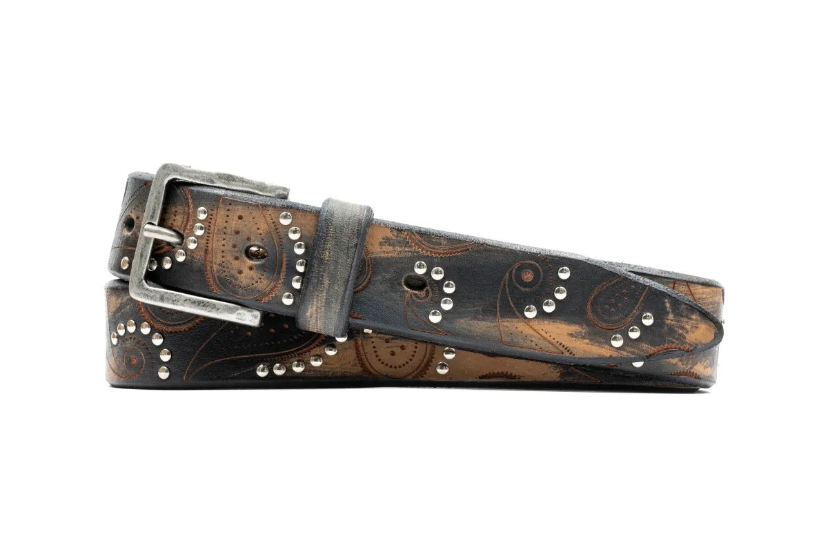 Artisan Paisley Italian Bridle Leather Belt - Navy Watercolor made by Martin Dingman