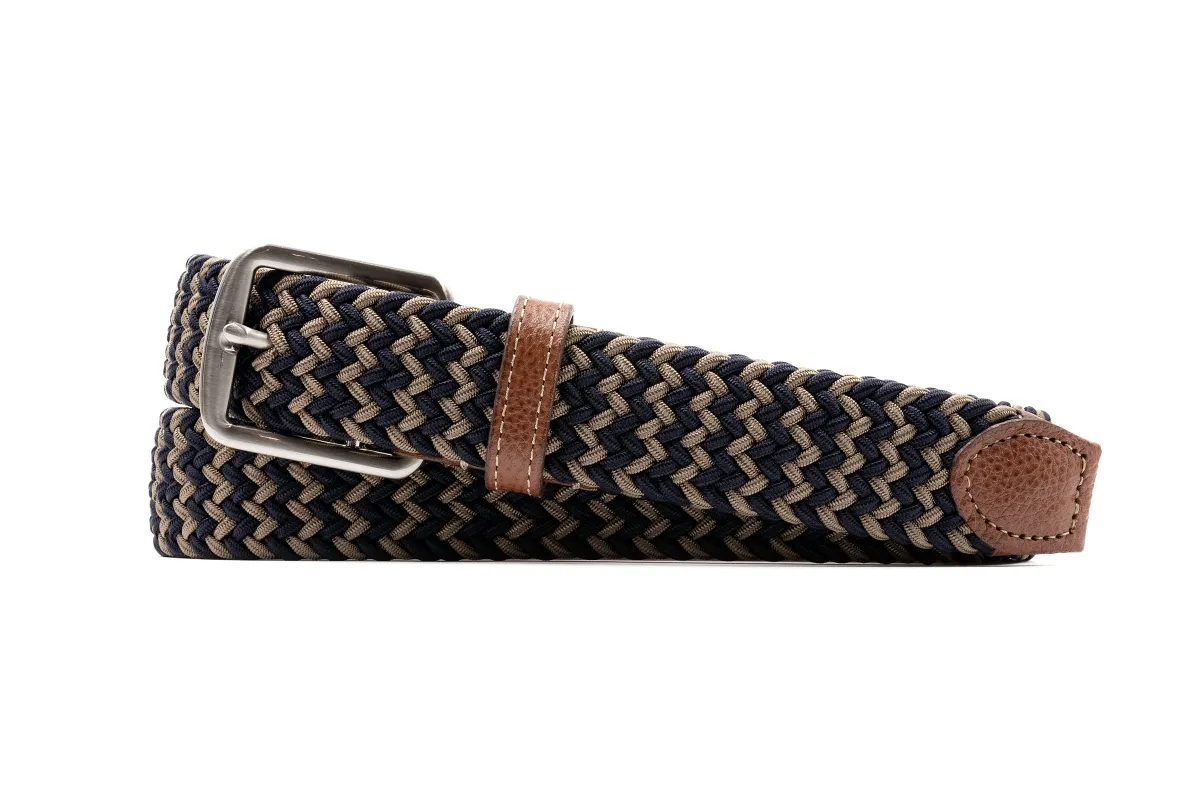 Newport Woven Italian Rayon Elastic Belt - Navy/British Tan made by Martin Dingman