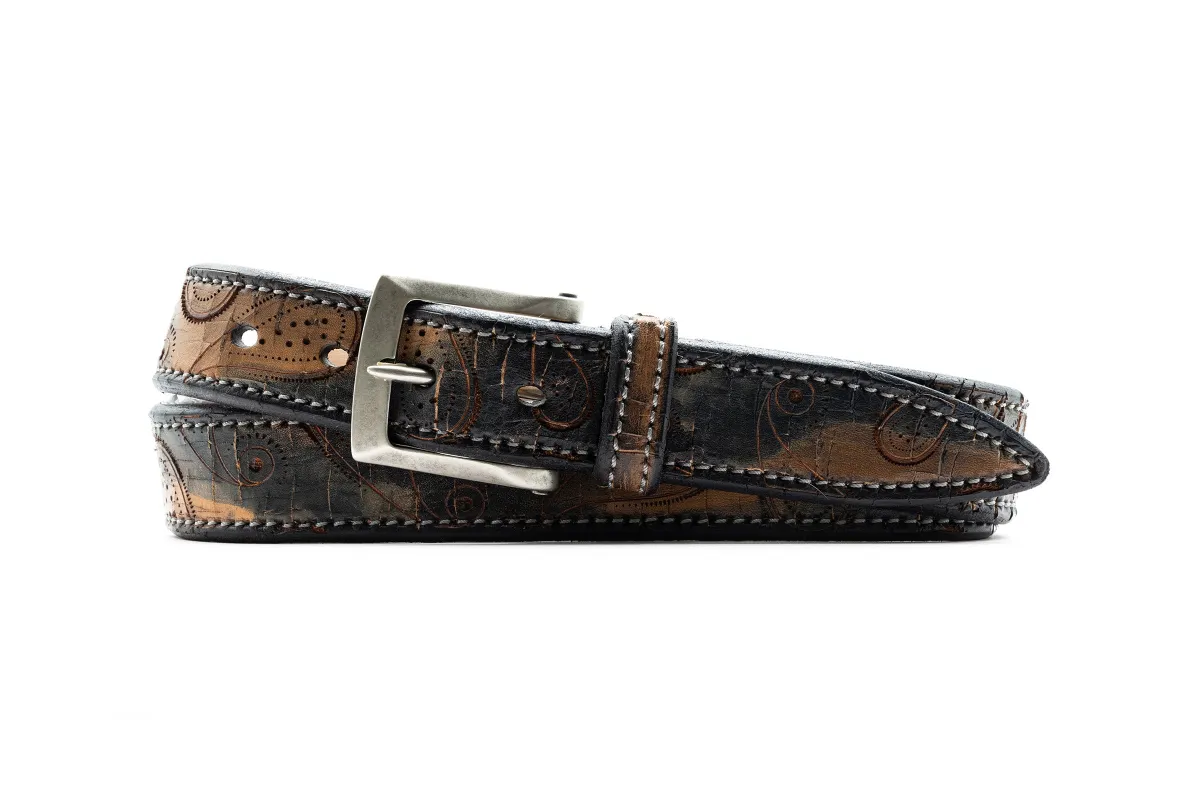 Artisan Paisley Italian Bridle Leather Belt - Blue Grotto made by Martin Dingman