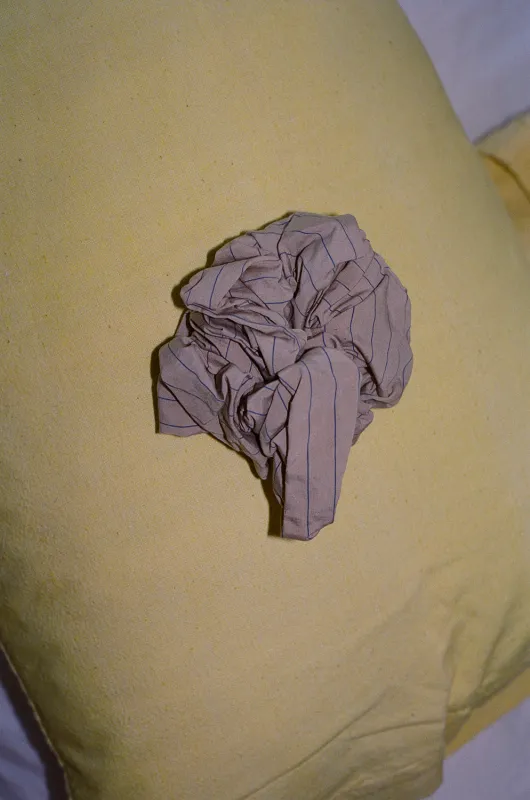 CAMELLIA SCRUNCHIE, BEIGE PINSTRIPE made by Maryam Nassir Zadeh