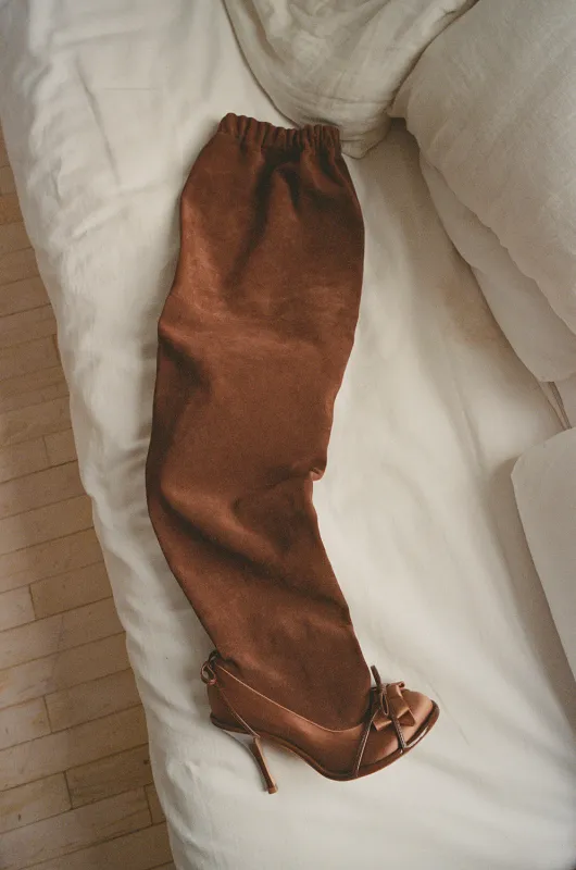 DOUBLE THIGH HIGH BOOTS, BROWN SUEDE made by Maryam Nassir Zadeh