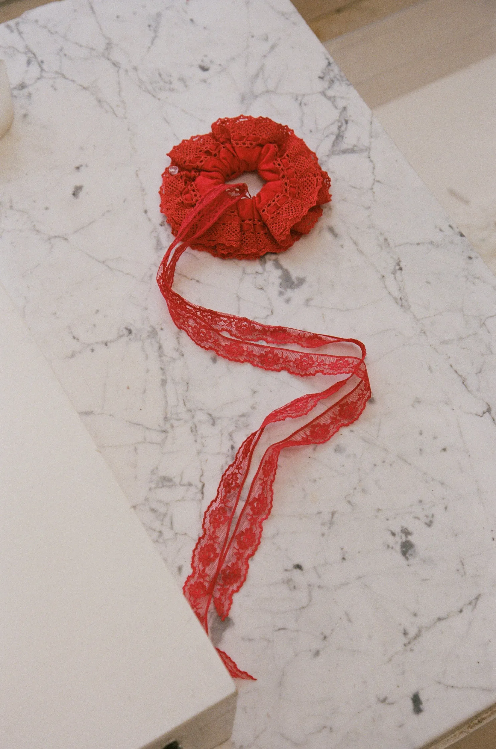 LACE SCRUNCHIE, RED sold by Maryam Nassir Zadeh