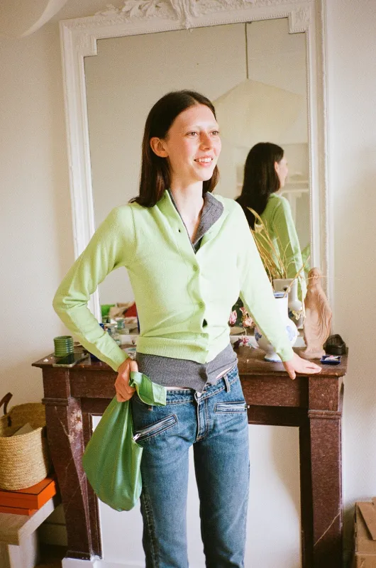DOUBLE CARDIGAN, APPLE GREEN AND GREY made by Maryam Nassir Zadeh
