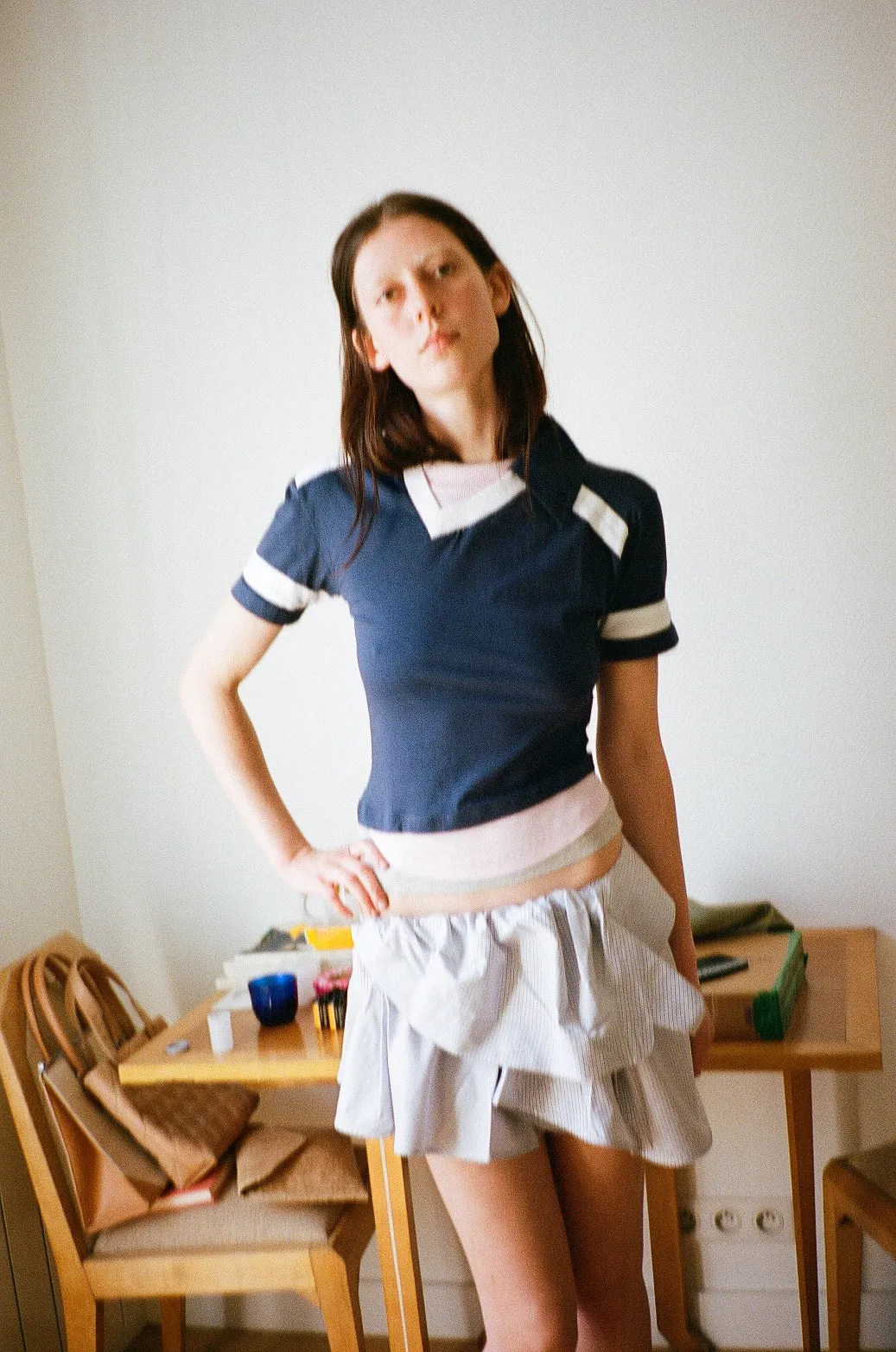 BELTED SHIRT SKIRT, BLUE, BROWN AND WHITE sold by Maryam Nassir Zadeh