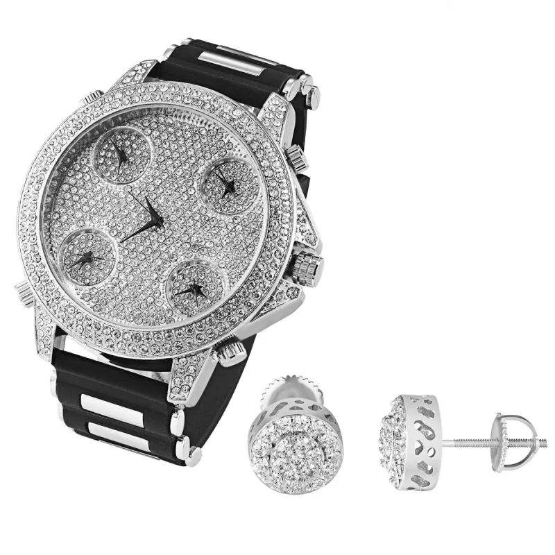 Men's White Gold tone 5 Time Zone Watch Earrings Gift Combo Set sold by Master Of Bling