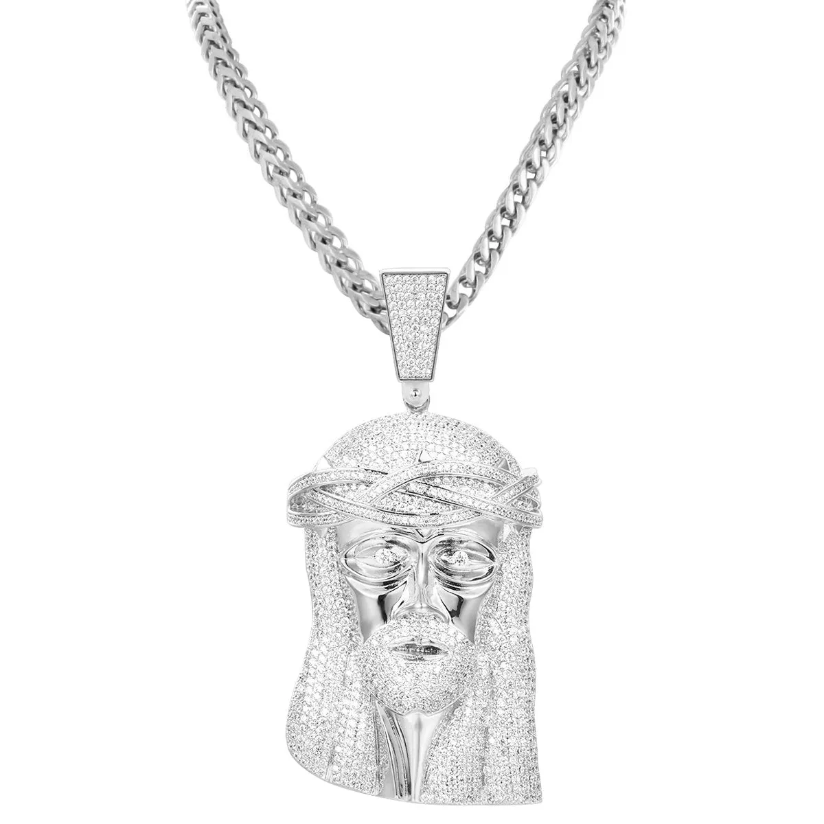 Silver Bling Religious Jesus Face Pendant Franco Chain sold by Master Of Bling