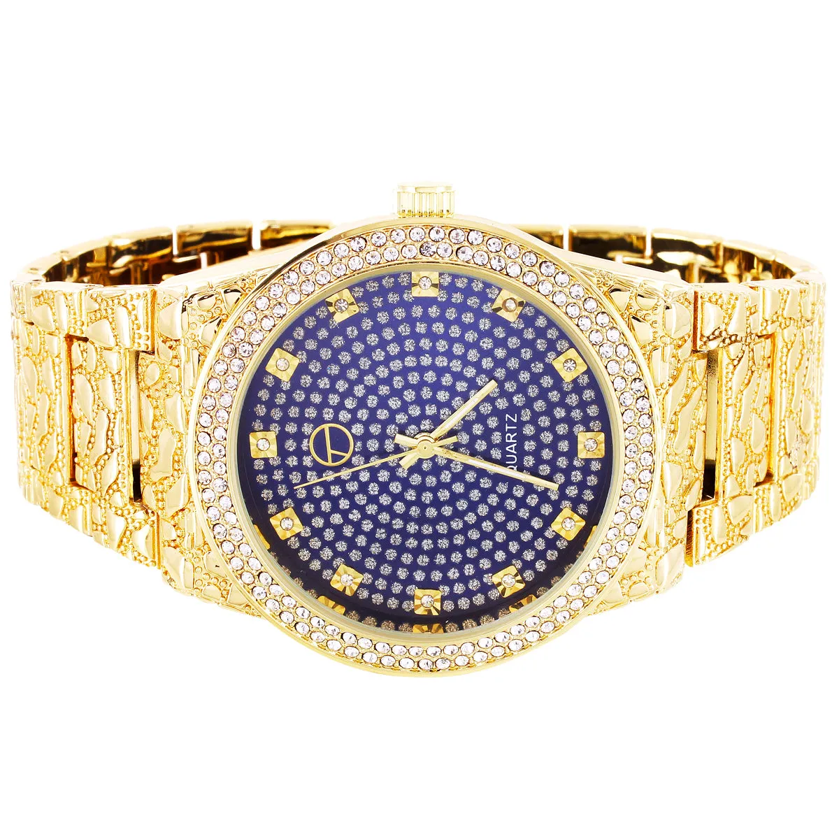 Mens Blue Bling Face Bezel Nugget Band Techno Pave Watch sold by Master Of Bling