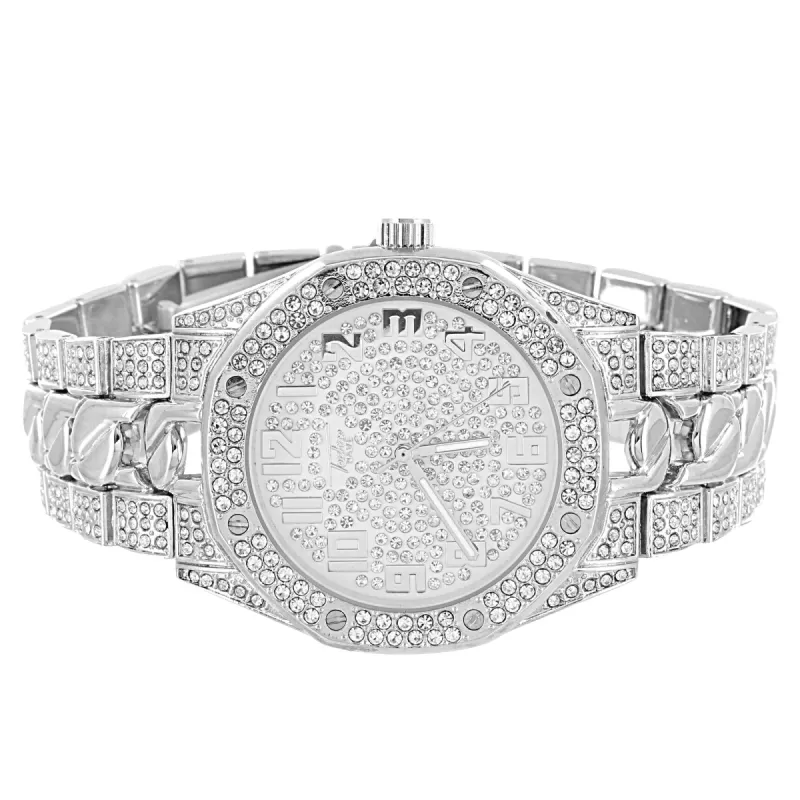 Men's Silver Tone Cuban Link Band  Metal Watch sold by Master Of Bling