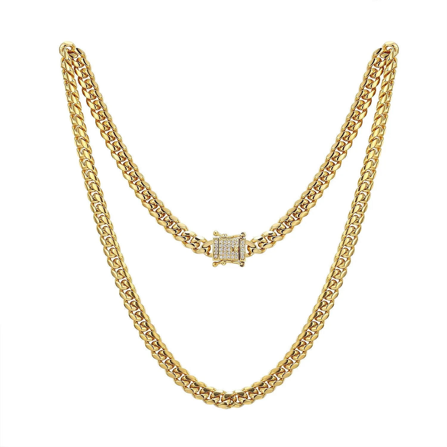 Stainless Steel 8mm Miami Cuban Chain 24" 14k Gold Finish Designer out Lock sold by Master Of Bling