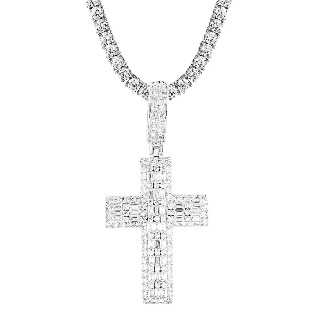 Bling Baguette Cluster Cross Holy Religious White Tone Pendant sold by Master Of Bling product image thumbnail 4