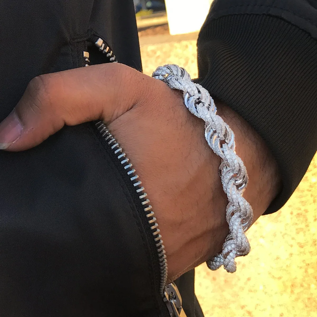 Rope Link Bracelet 11mm Simulated Diamonds Hip Hop Silver Tone sold by Master Of Bling product image thumbnail 2