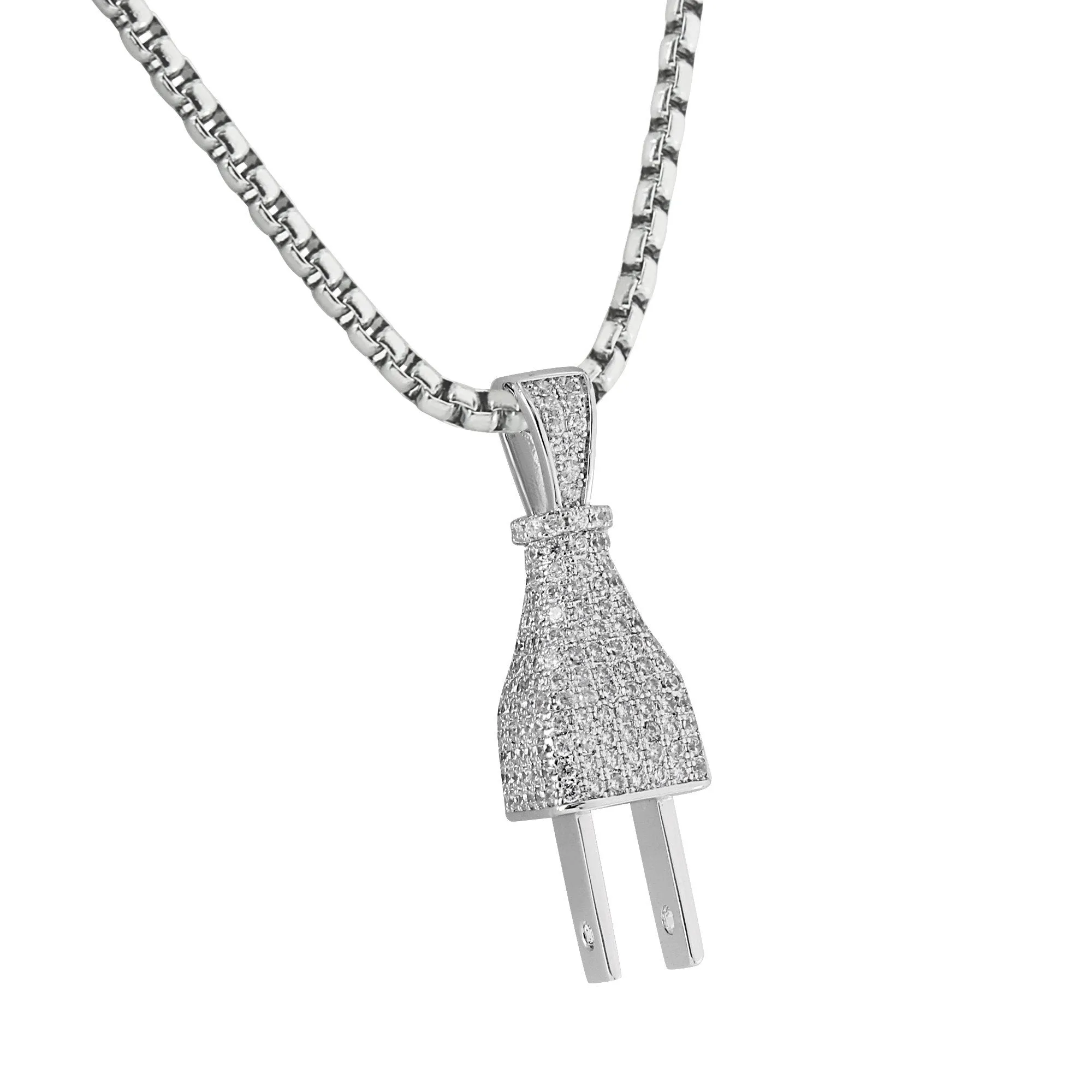 Switch Plug Pendant Socket Full Bling Lab Diamonds 14K White Gold Finish 24 Inch Chain sold by Master Of Bling