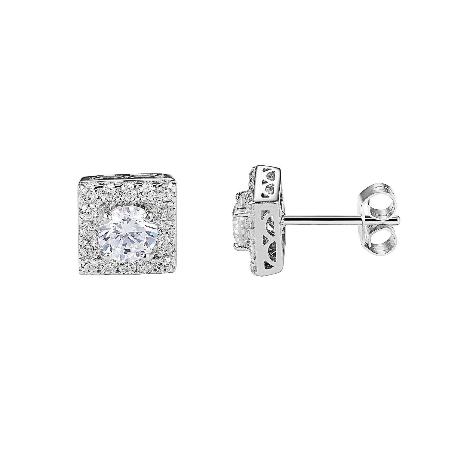 Square Shape Sterling Silver Designer Bling Clear Solitaire Stud Push Back Earrings sold by Master Of Bling