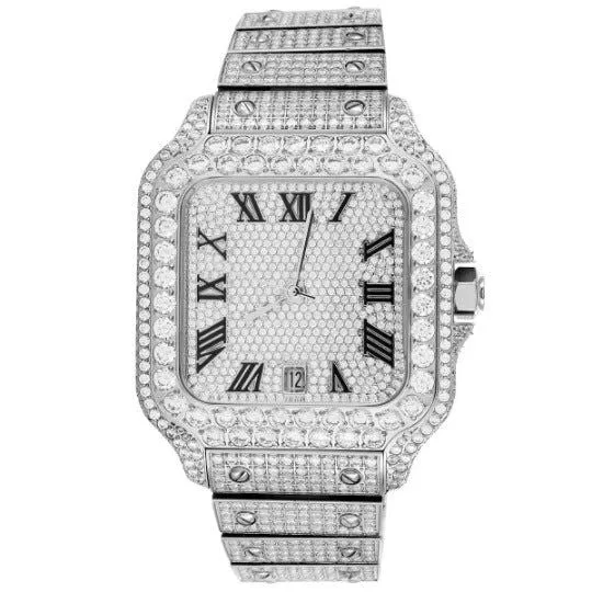 Baguette Stainless Steel Bezel White Tone Iced Out Mens Watch sold by Master Of Bling