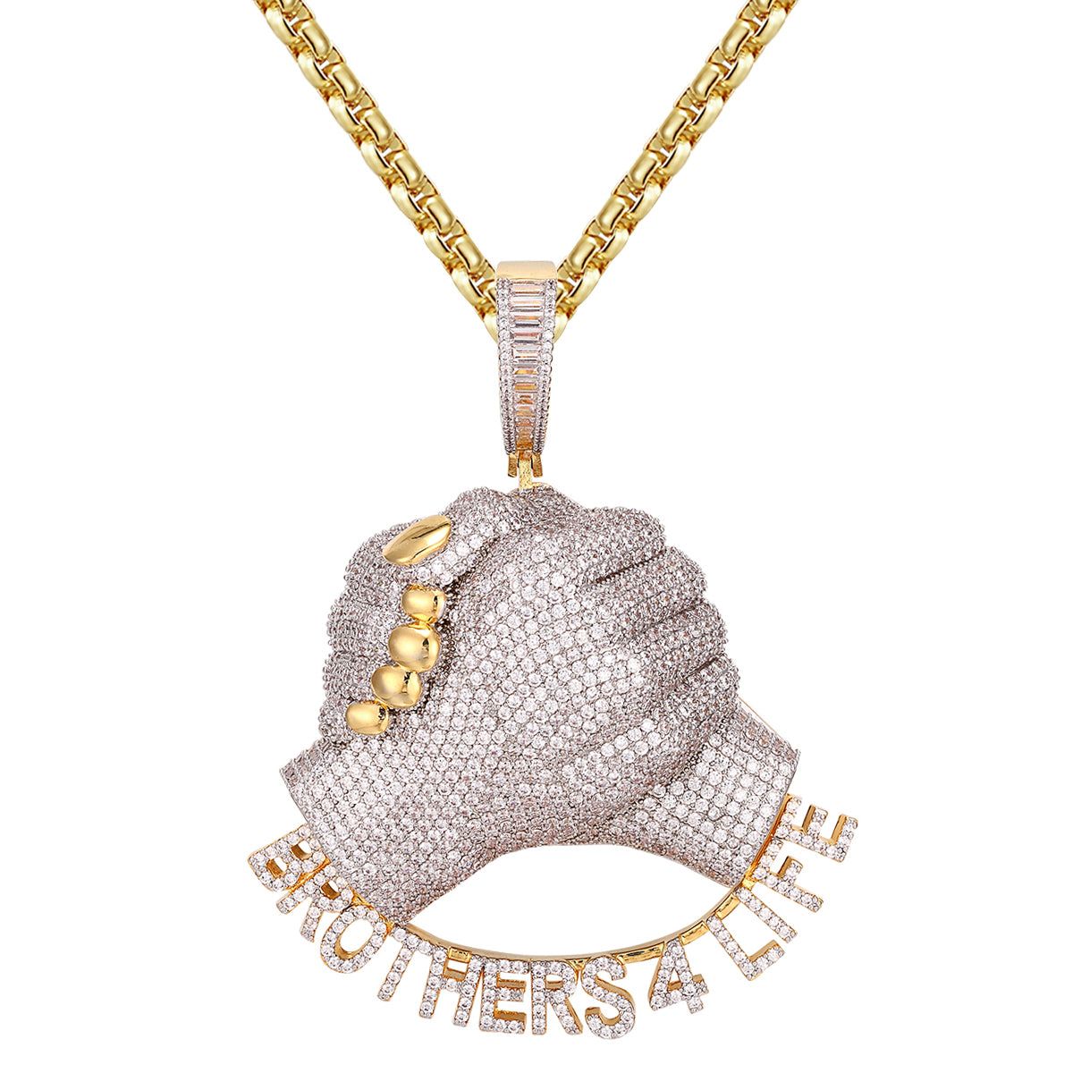 Gold Tone Brothers for Life Fist Bond Icy Hip Hop Pendant sold by Master Of Bling