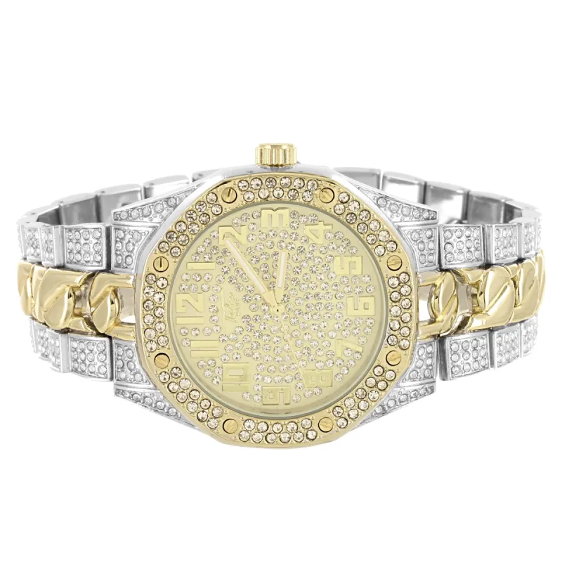 Men's Two Tone Cuban Link Band  Gold Face Watch sold by Master Of Bling