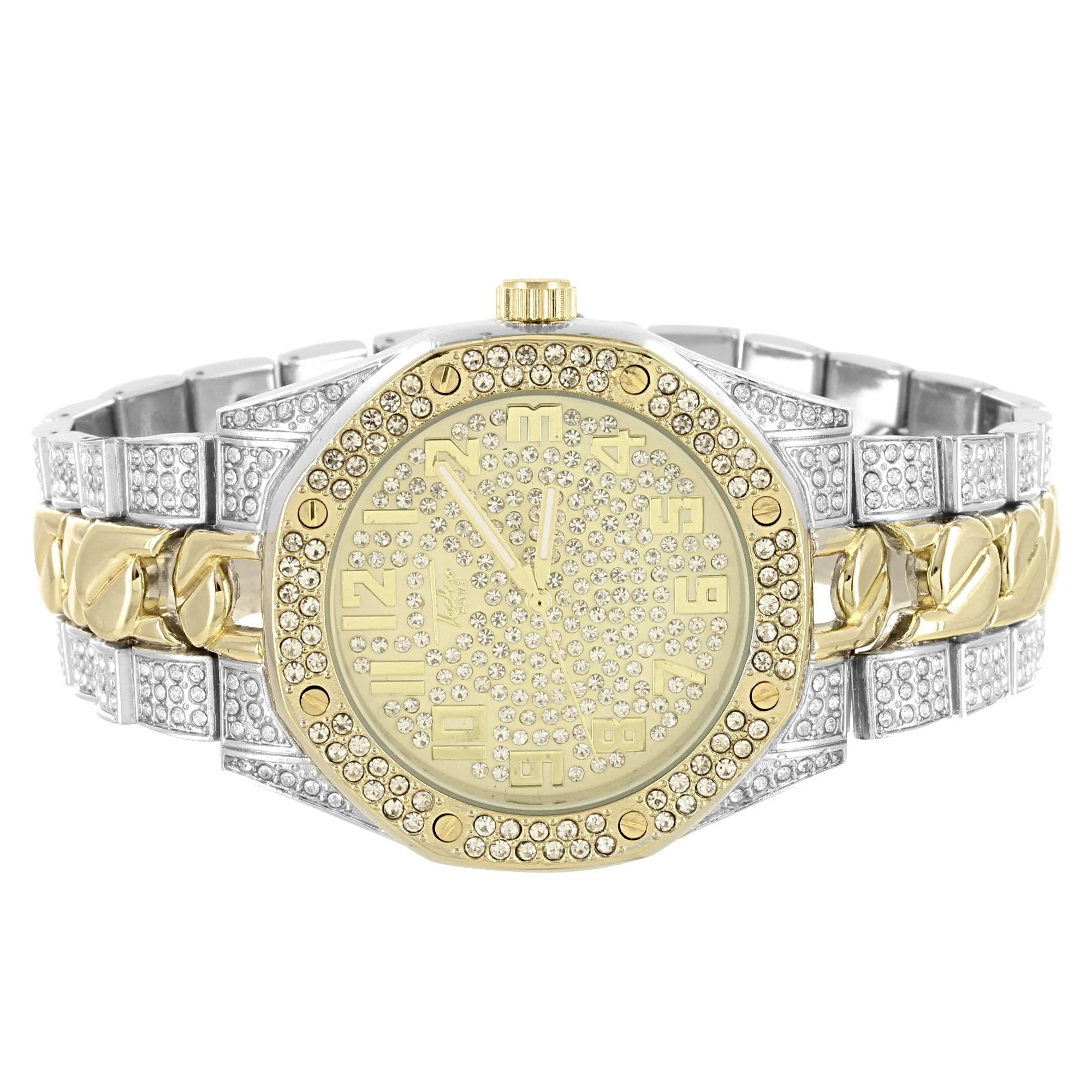 Men's Two Tone Cuban Link Band Gold Face Watch sold by Master Of Bling