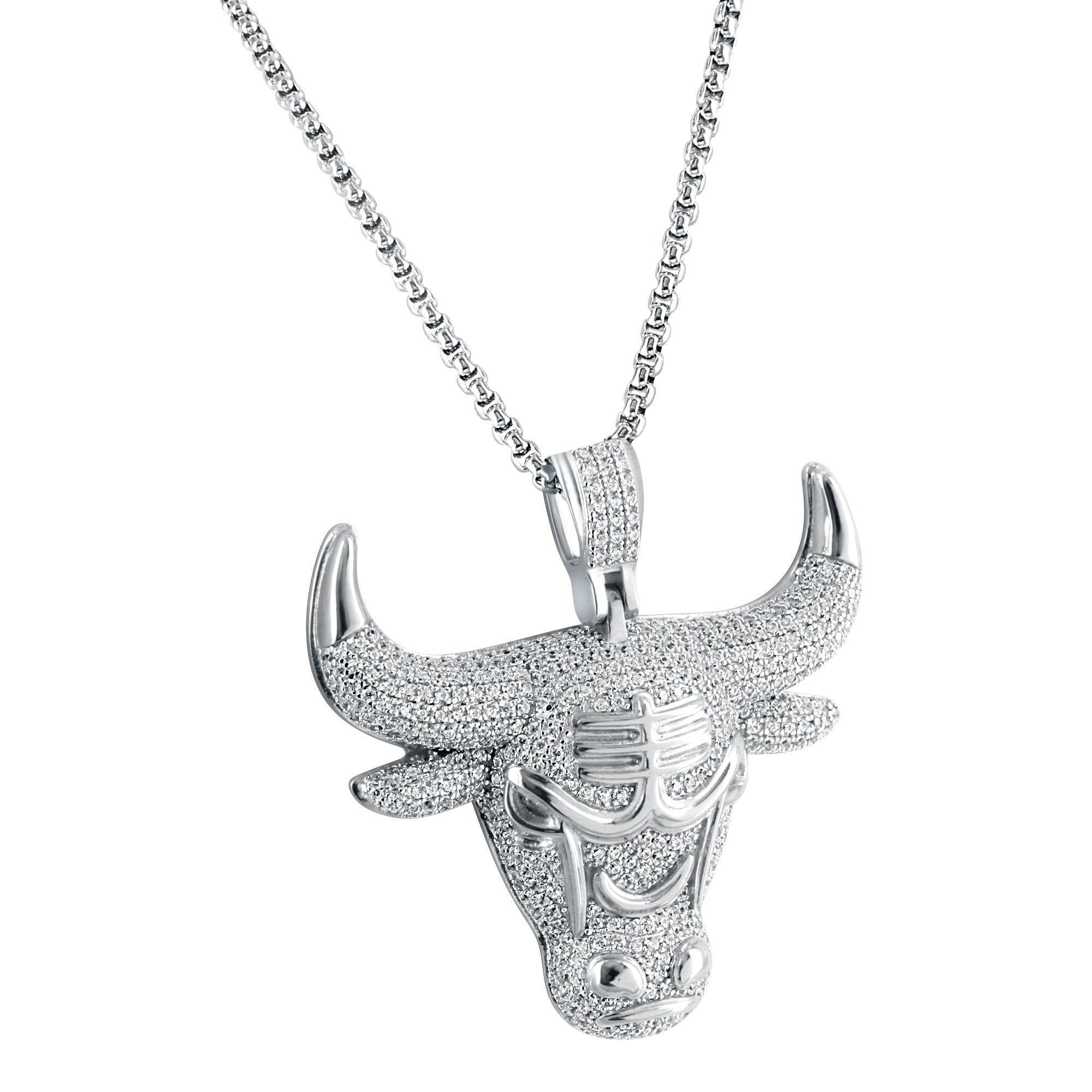 Men's Hot Sterling Silver Vintage Bull Cattle Head Pendant Free 24" Steel Box Chain sold by Master Of Bling