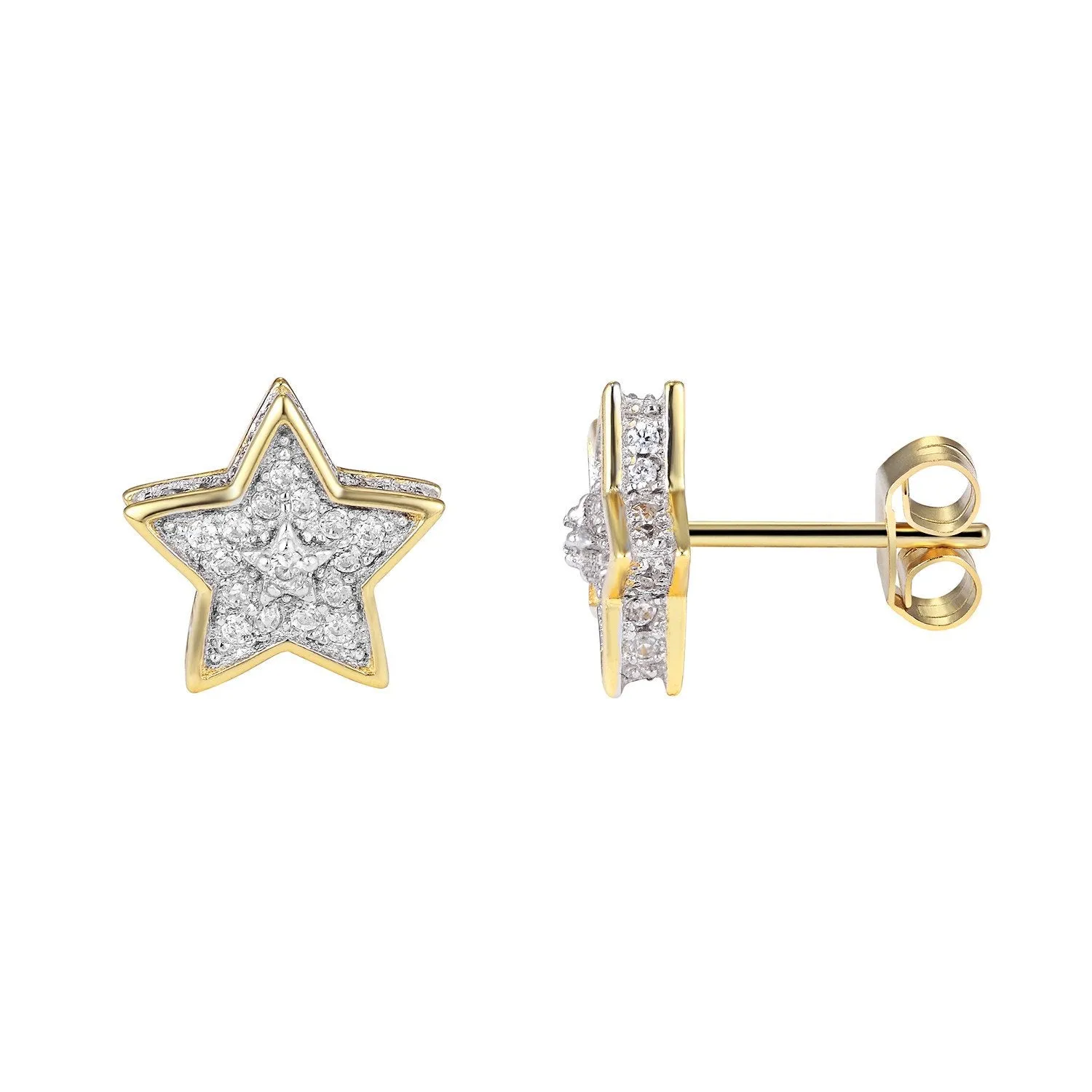Sterling Silver Star Shape 3D Micro Pave Bling 14k Gold Finish Stud Earrings sold by Master Of Bling
