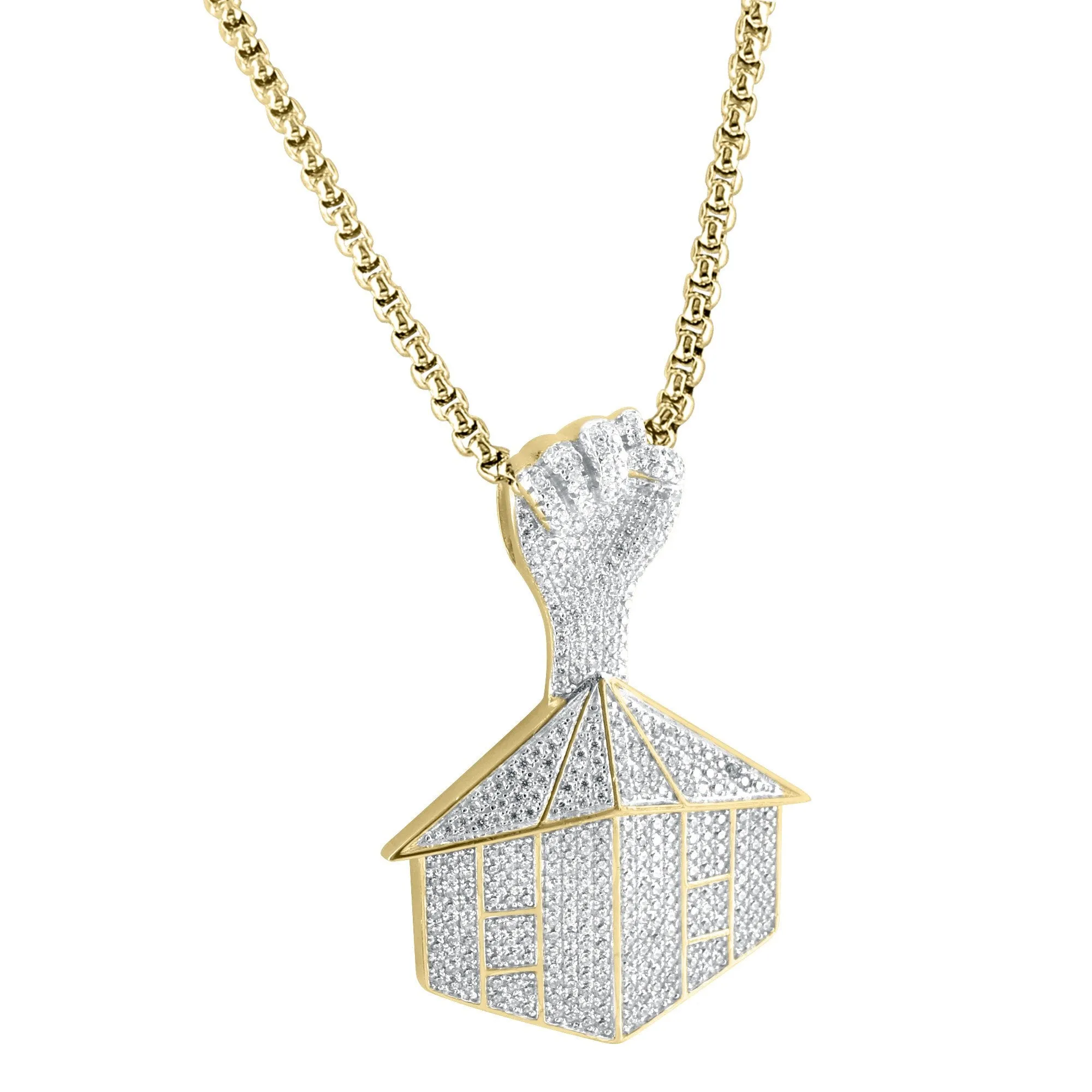 Sterling Silver Bling Trap House Fist Pendant 14k Gold Finish Pendant Free 24" Chain sold by Master Of Bling