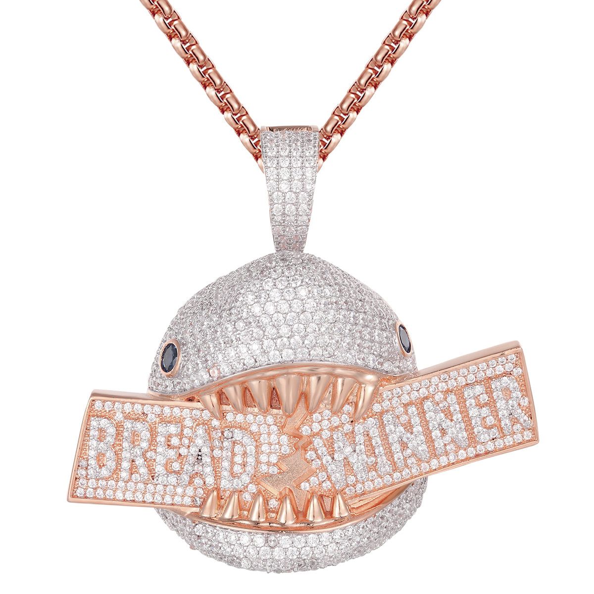 Rose Gold Hungry Shark Face Bread Winner Icy Hip Hop Pendant sold by Master Of Bling