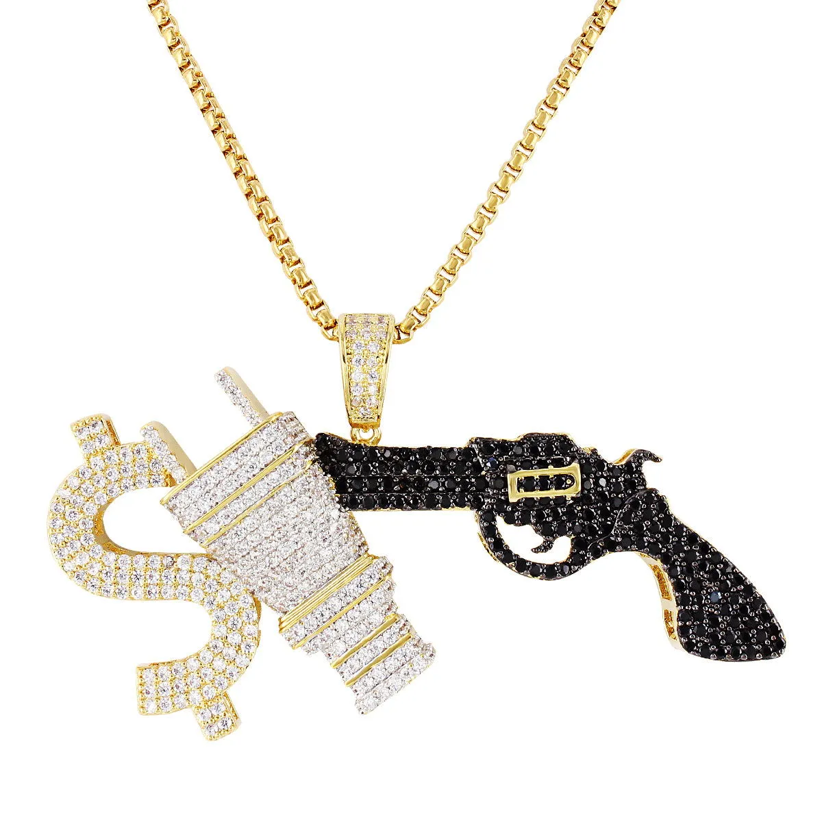 Money Power Respect Dollar Gun Iced Pendant Chain sold by Master Of Bling