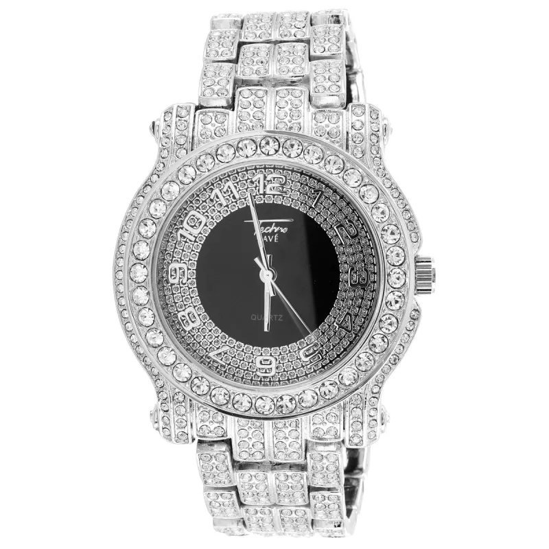 Mens Stainless Steel Back Hip Hop Round Dial Icy Metal Band Watch sold by Master Of Bling