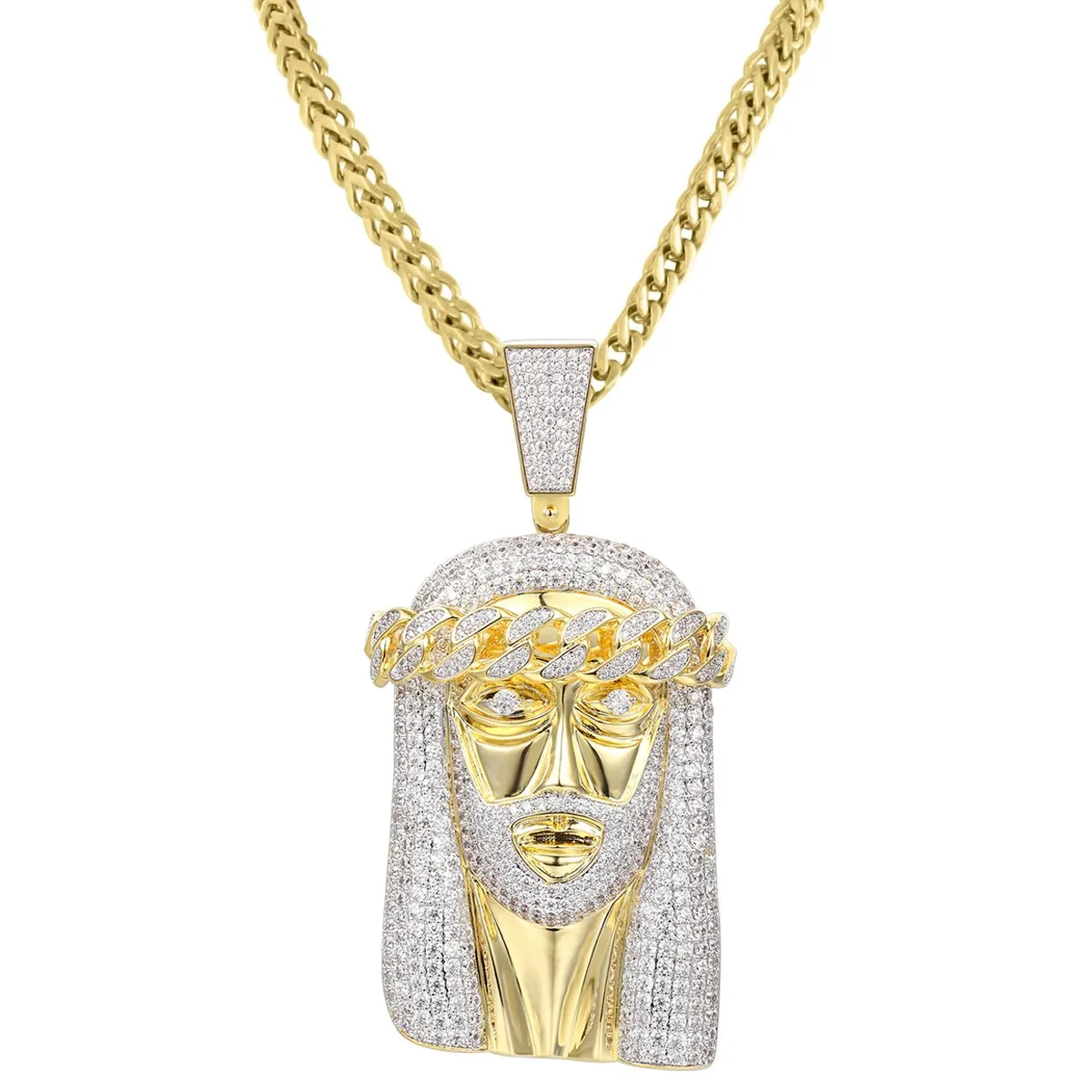 Religious Jesus Face Cuban Pendant Free Franco Chain sold by Master Of Bling